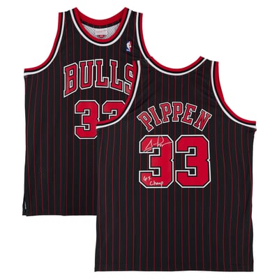 Scottie Pippen Chicago Bulls Autographed Fanatics Authentic Black Mitchell & Ness 1995 Pinstripe Swingman Jersey with "6X Champ" Inscription