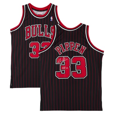 Scottie Pippen Chicago Bulls Autographed Fanatics Authentic Black Mitchell & Ness 1995 Pinstripe Swingman Jersey with "HOF 10" Inscription
