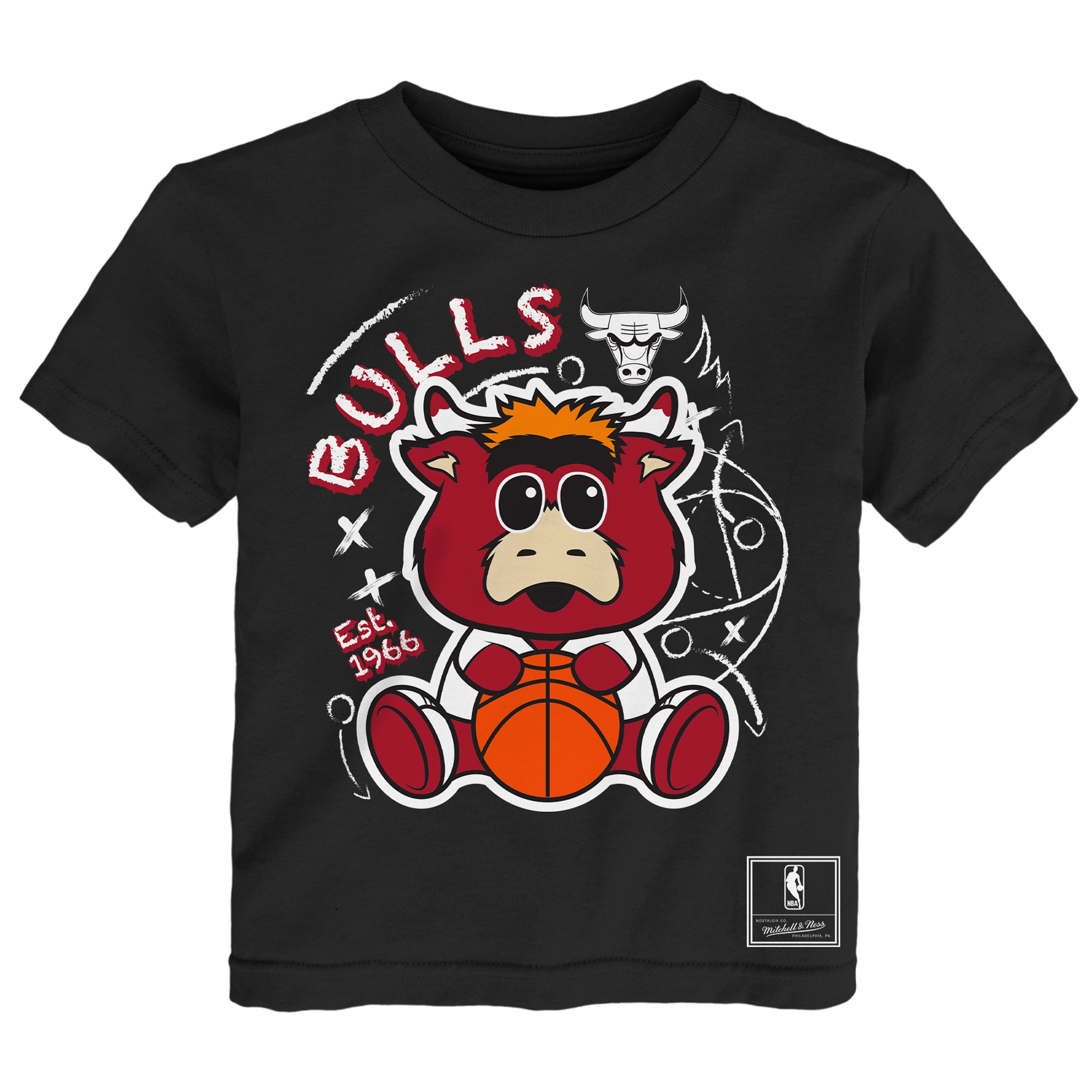 Ensemble de deux t-shirts Mitchell & Ness pour tout-petits, noir/gris chiné, motif Chicago Bulls, avec croquis.