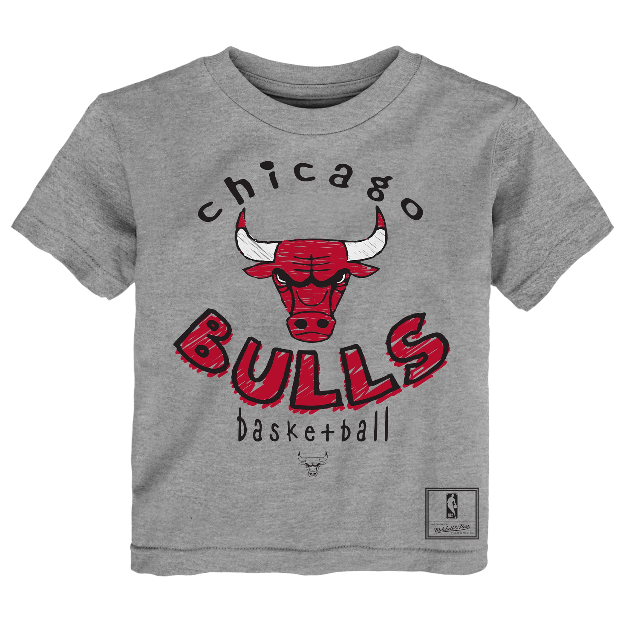 Ensemble de deux t-shirts Mitchell & Ness pour tout-petits, noir/gris chiné, motif Chicago Bulls, avec croquis.