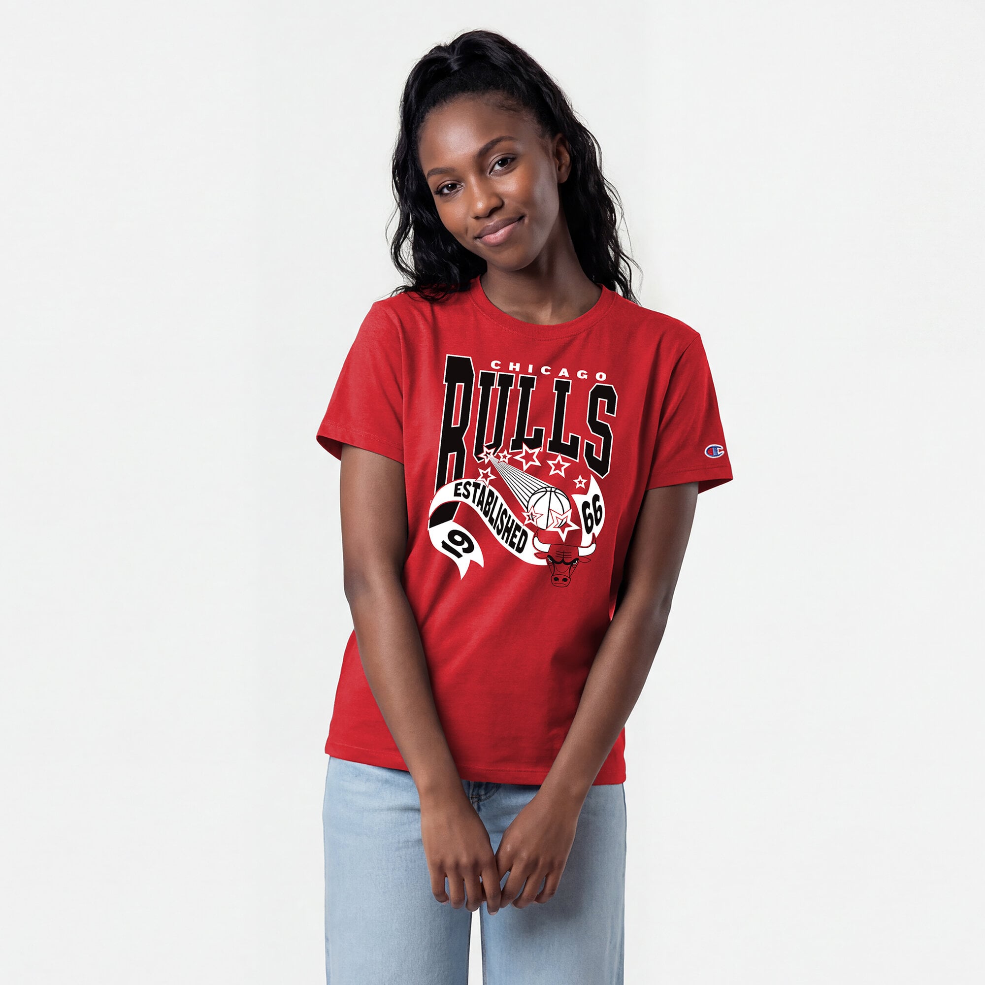 T-shirt féminin Championne des Chicago Bulls rouges avec bannière