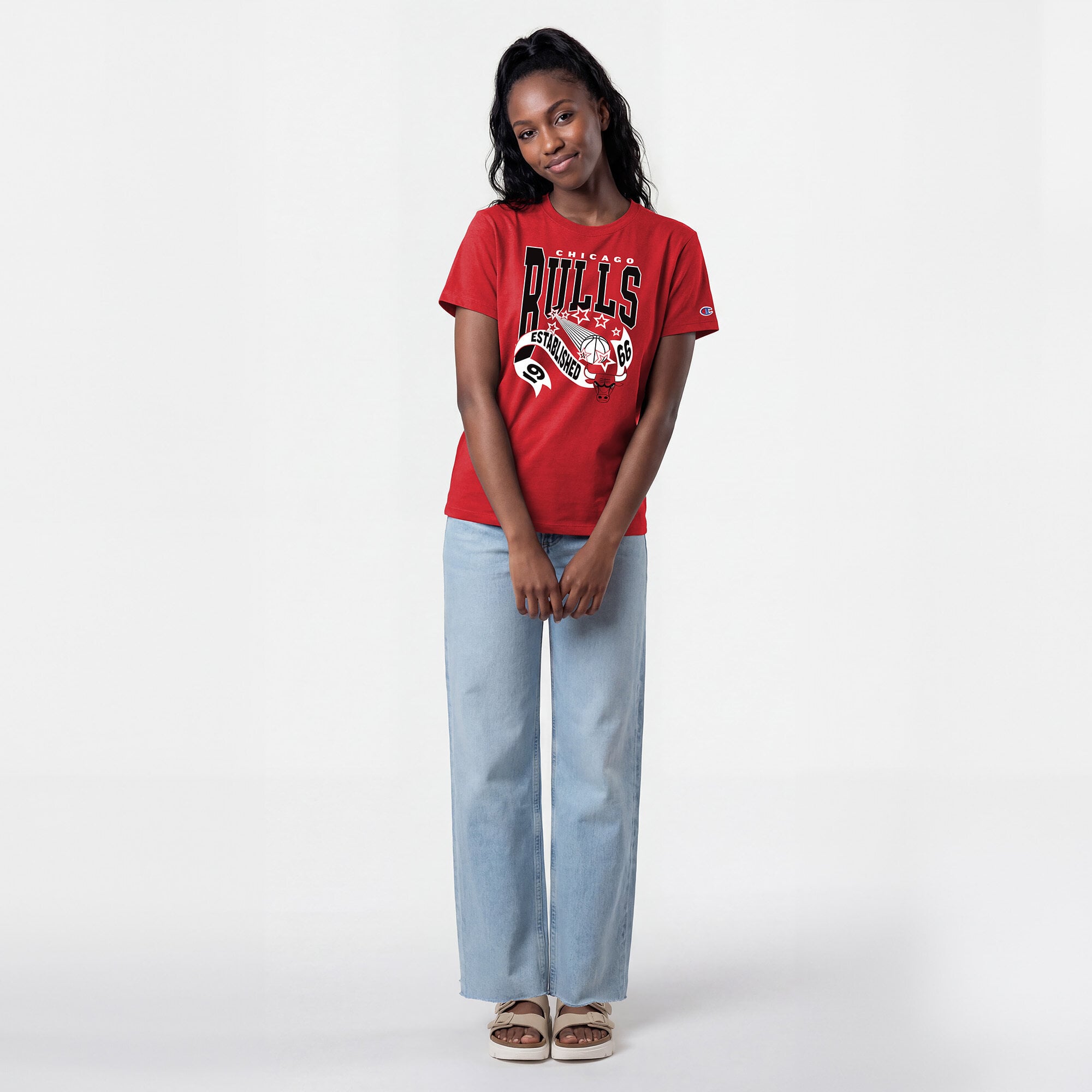 T-shirt féminin Championne des Chicago Bulls rouges avec bannière