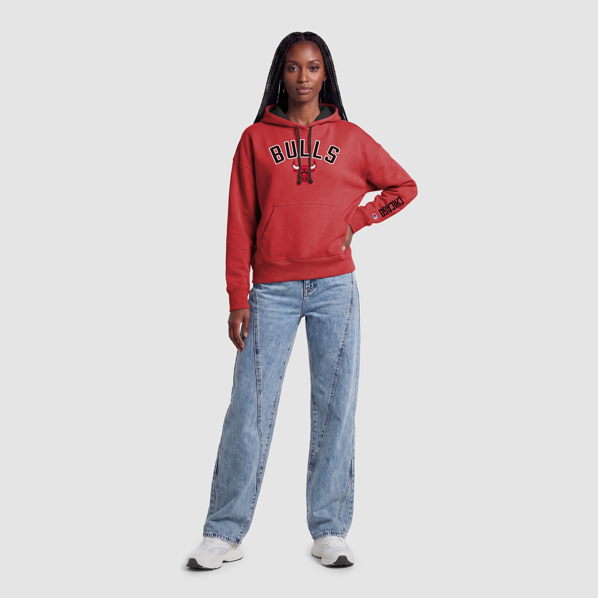 Sweat à capuche Champion rouge Chicago Bulls pour femme avec doublure contrastée