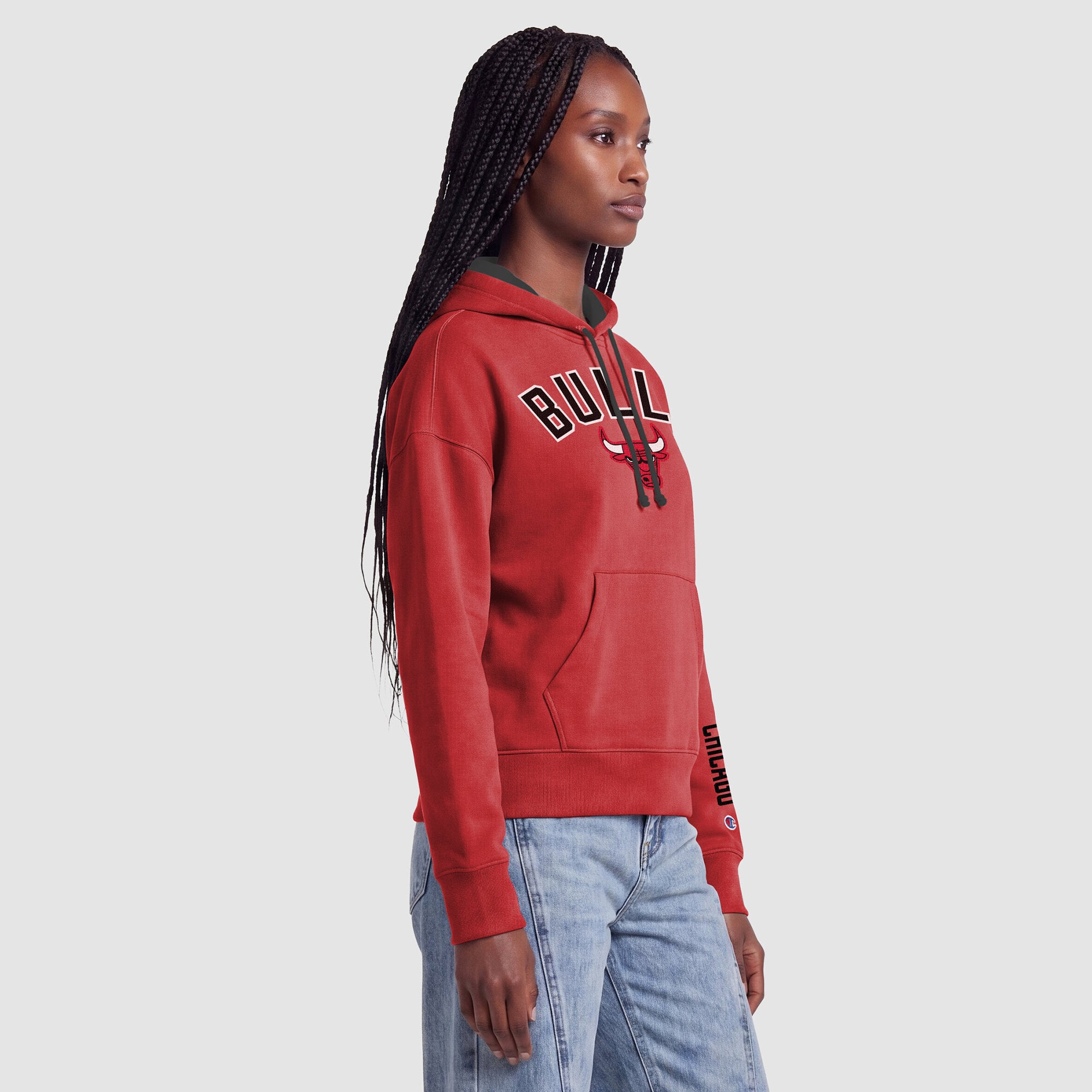 Sweat à capuche Champion rouge Chicago Bulls pour femme avec doublure contrastée