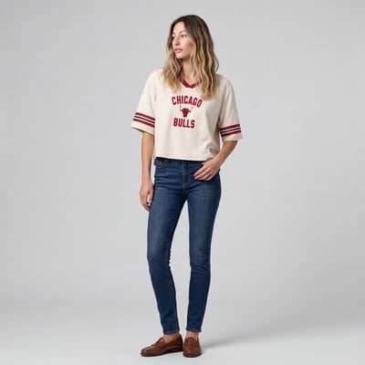  Chicago Bulls Mitchell & Ness Women's Retro Roots Hardwood Classics Cropped Boxy Yoke T-Shirt - Cream