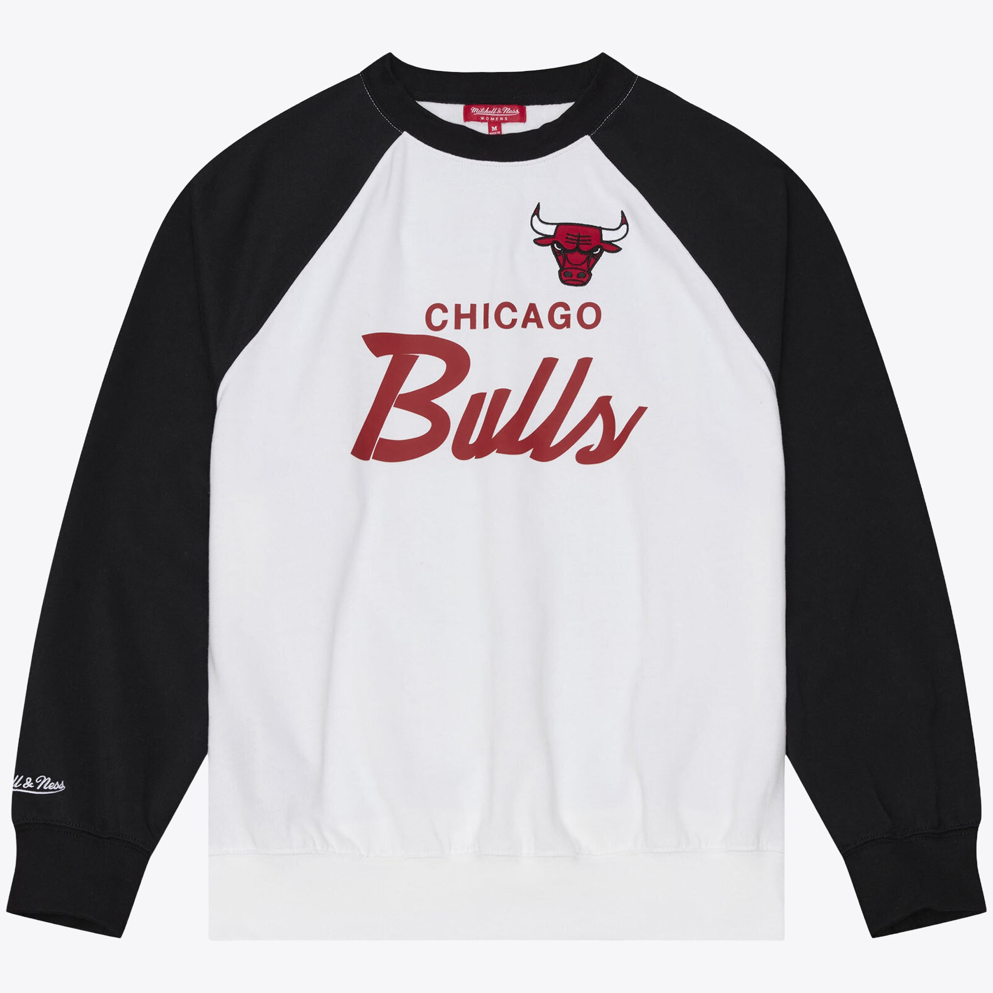 Sweat-shirt raglan léger Mitchell & Ness blanc et noir pour femme, modèle Chicago Bulls Head Coach