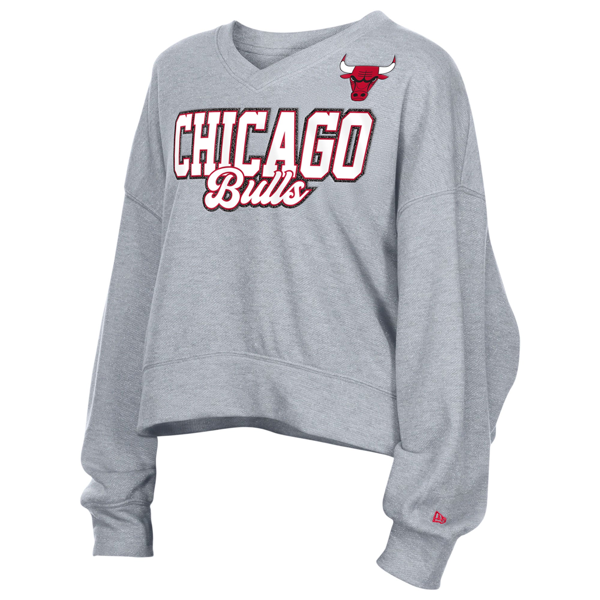 Sweat-shirt polaire court oversize à col en V New Era gris Chicago Bulls pour femme