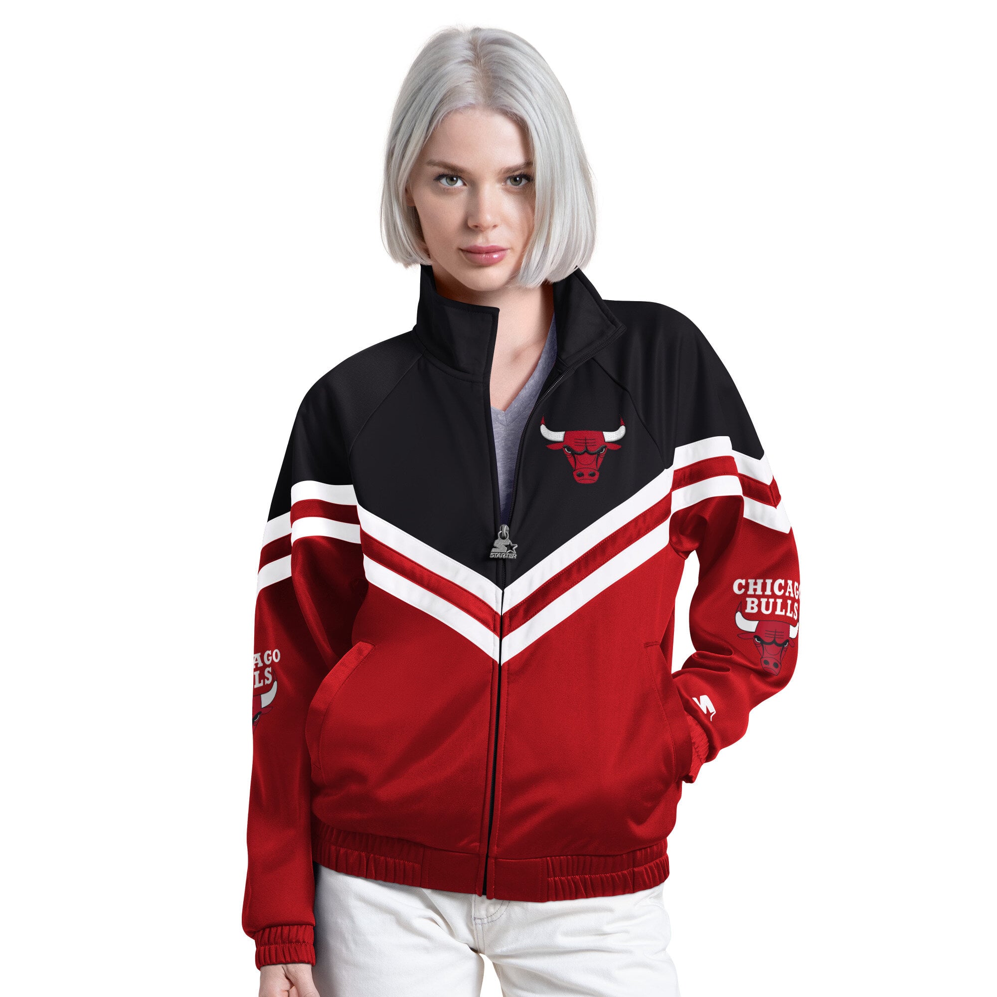 Veste de survêtement raglan zippée Starter rouge pour femme, aux couleurs du fan club des Chicago Bulls.