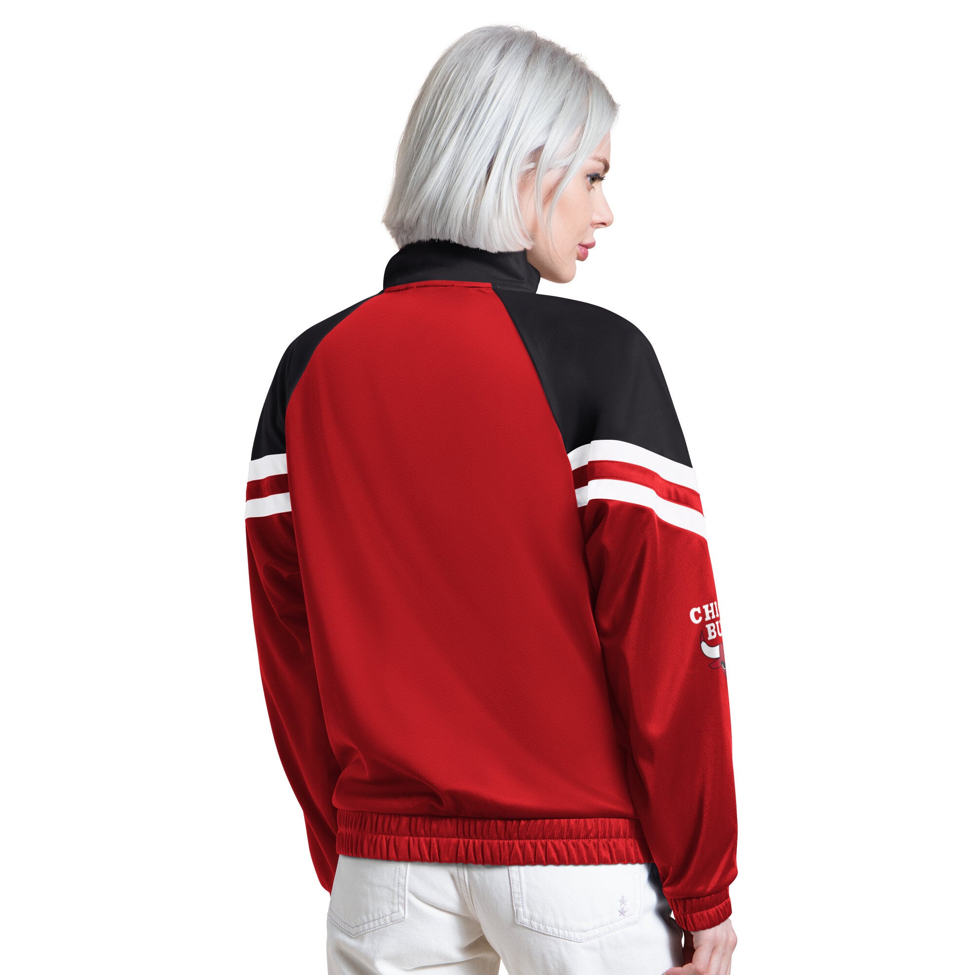 Veste de survêtement raglan zippée Starter rouge pour femme, aux couleurs du fan club des Chicago Bulls.