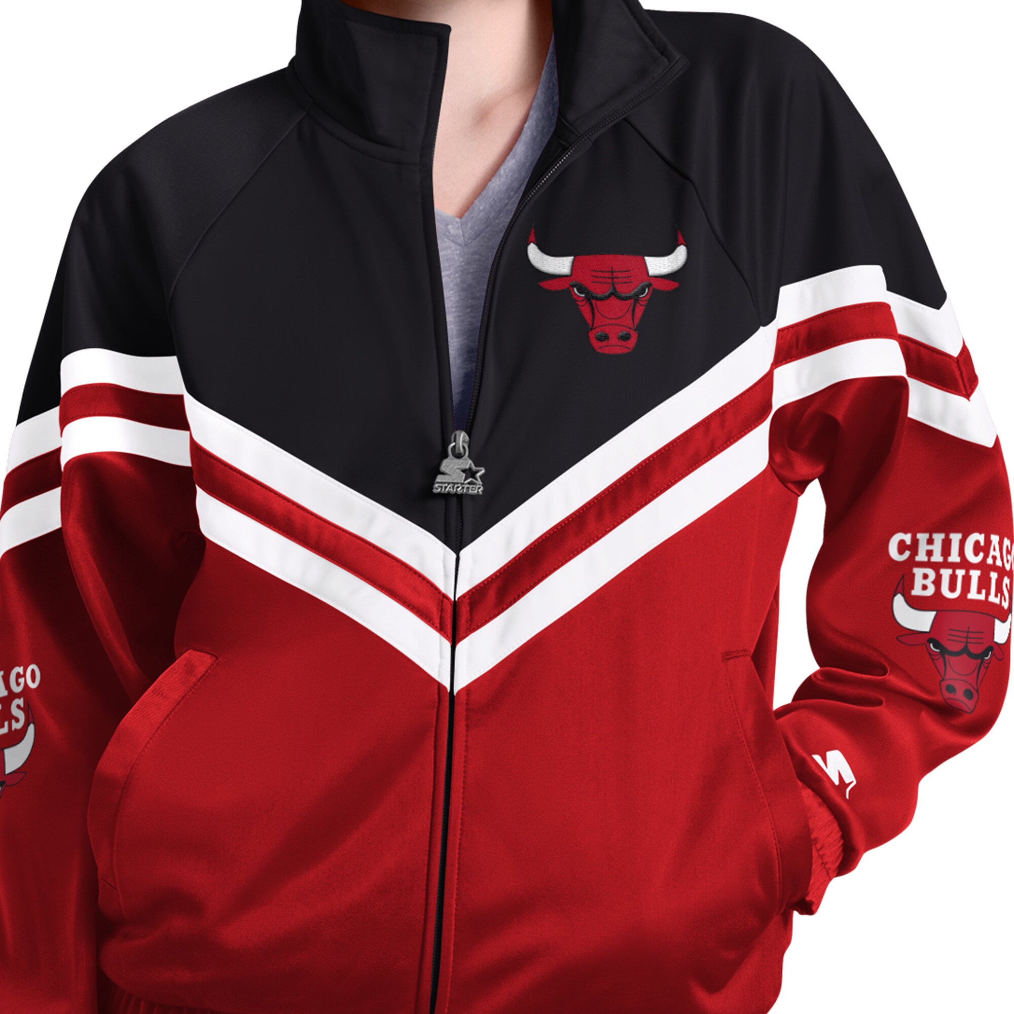 Veste de survêtement raglan zippée Starter rouge pour femme, aux couleurs du fan club des Chicago Bulls.