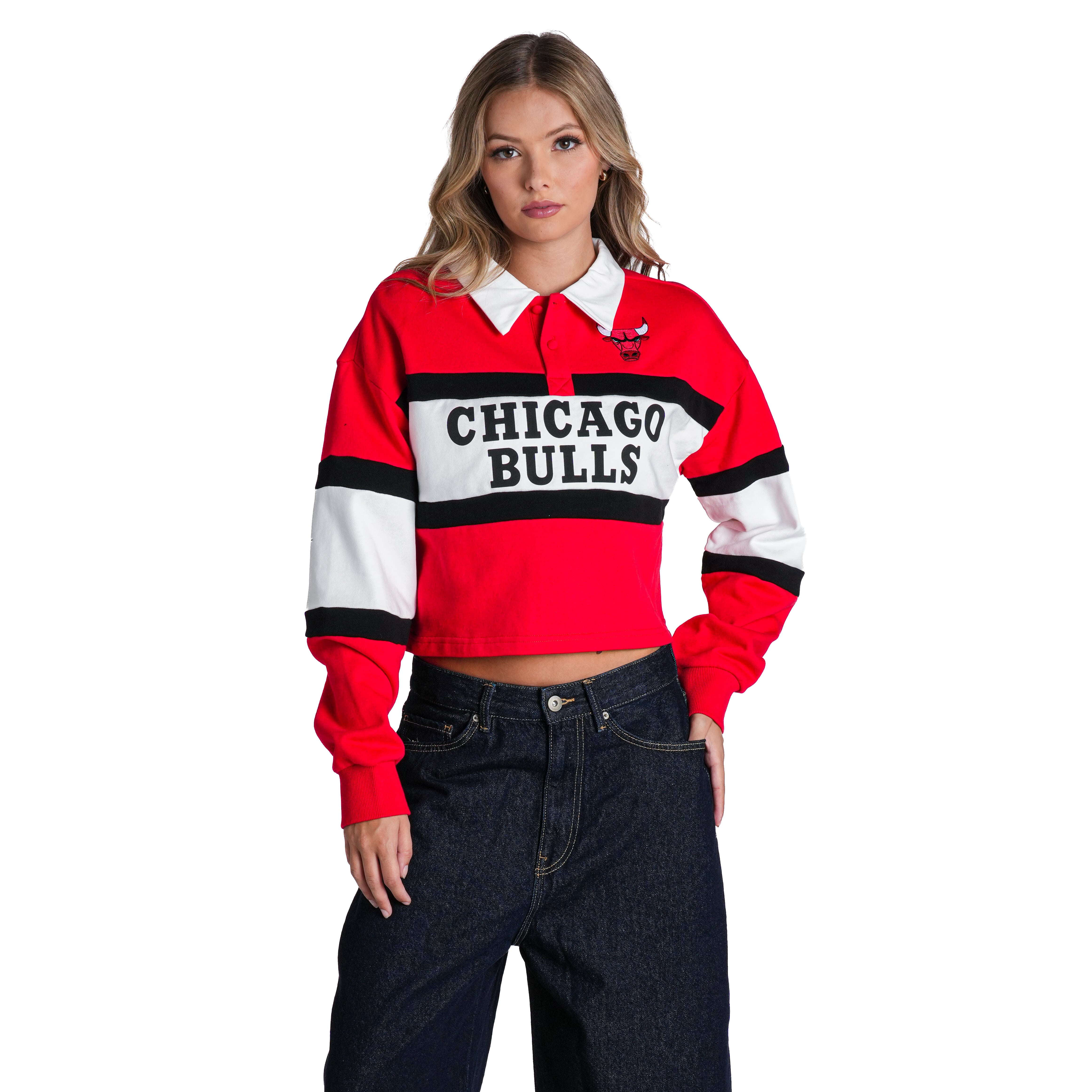 Polo court à manches longues pour femme The Wild Collective rouge Chicago Bulls
