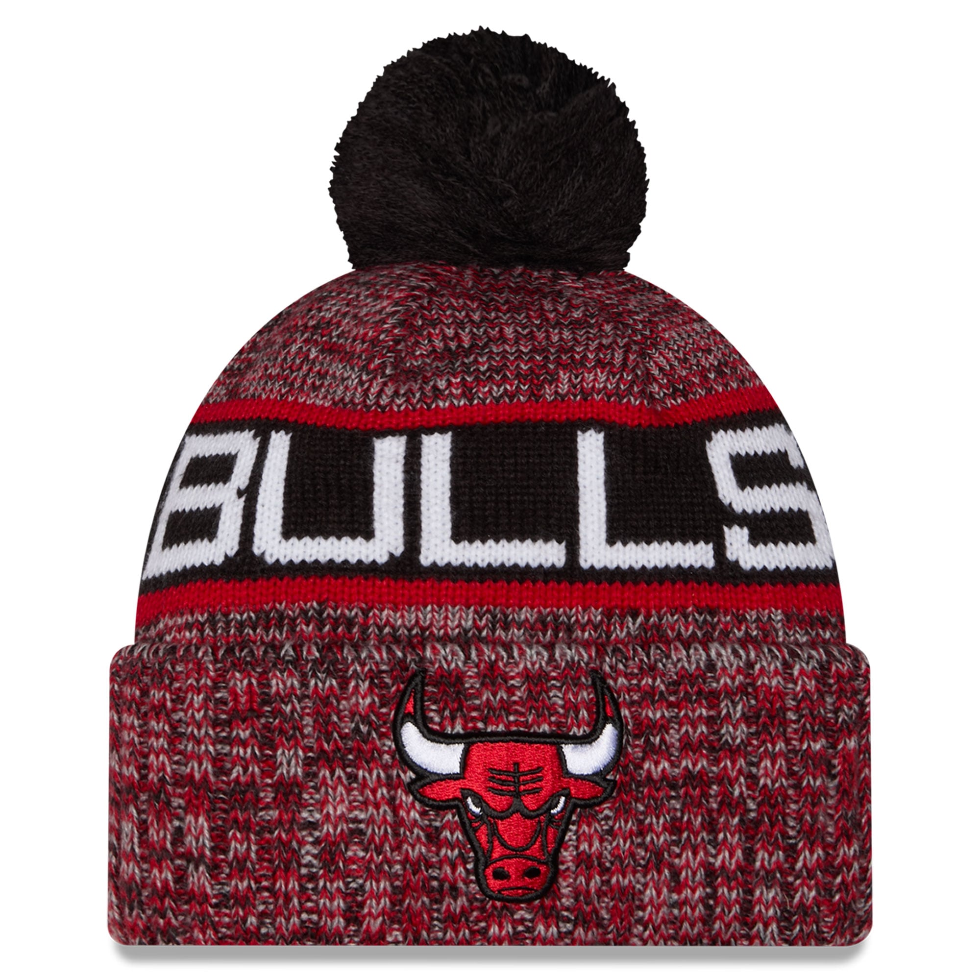 Bonnet à revers tricolore rouge Chicago Bulls pour enfant, avec pompon, de la marque New Era.