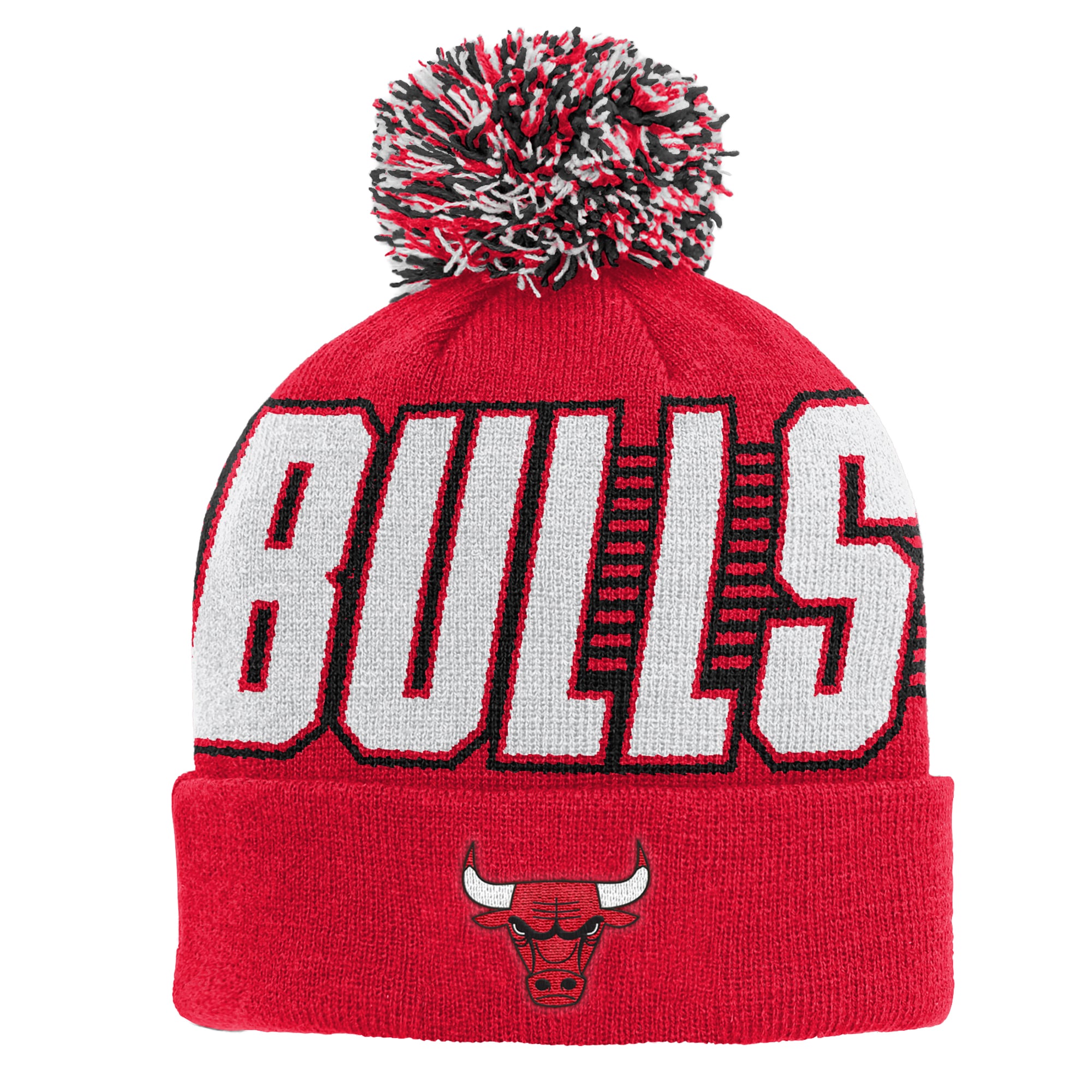 Bonnet tricoté à revers rouge Chicago Bulls pour enfant Outerstuff avec pompon