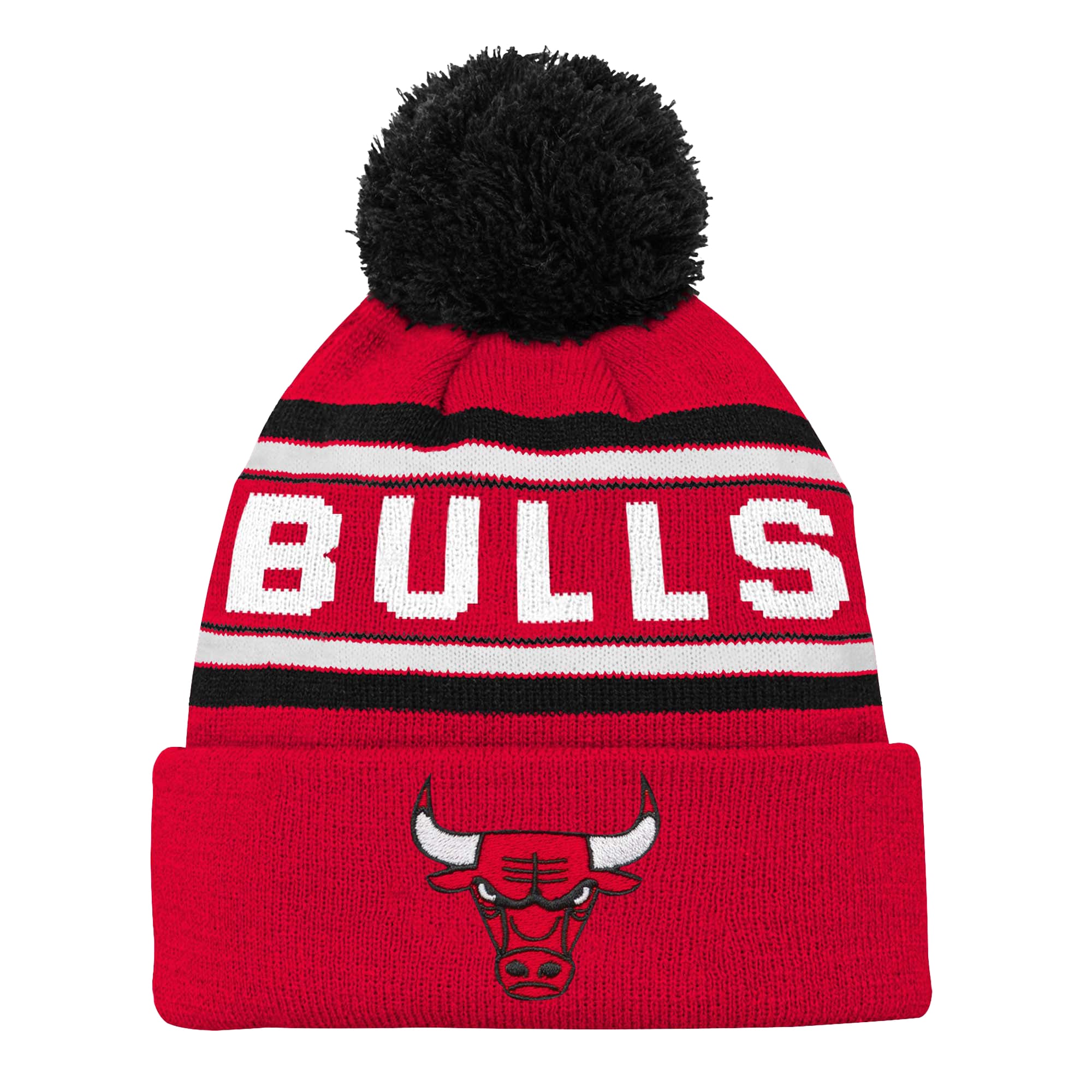 Bonnet en tricot à revers jacquard avec pompon pour jeune Red Chicago Bulls