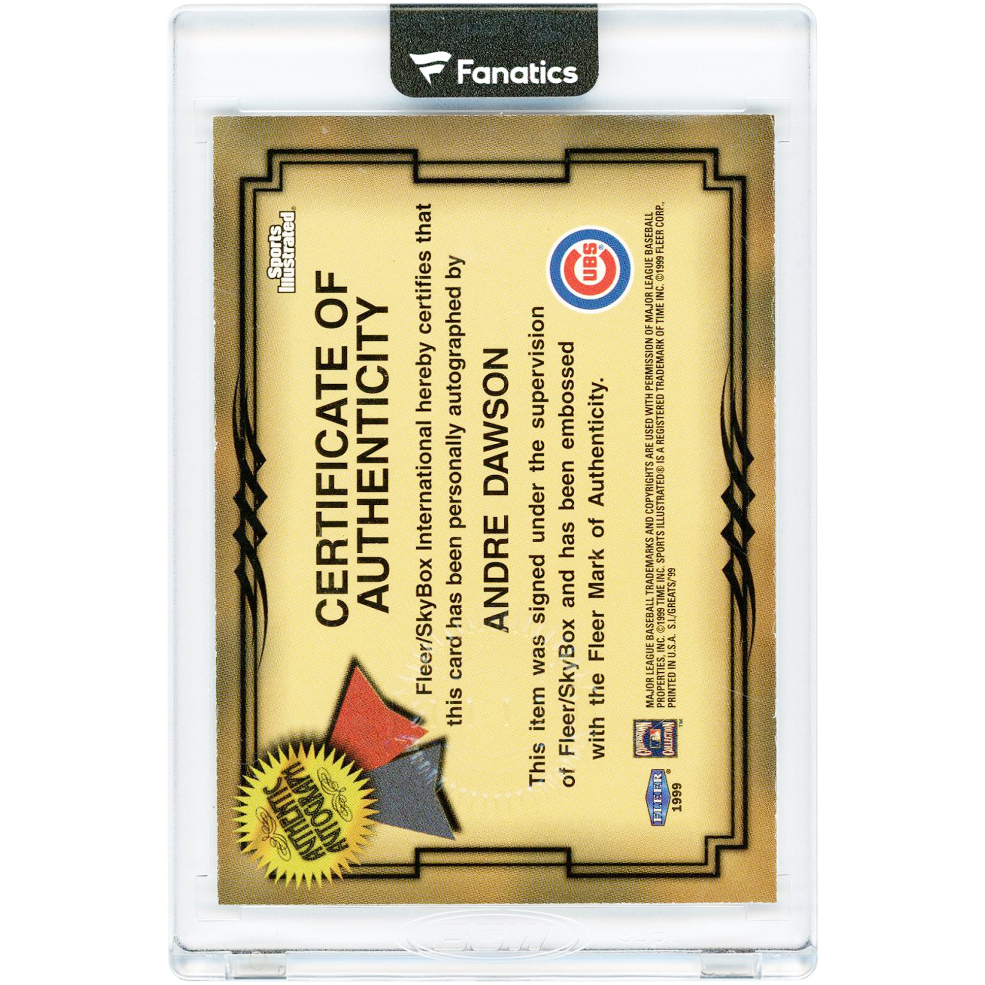 Carte autographiée d'Andre Dawson (Chicago Cubs) de 1999, éditée par Fleer Sports Illustrated #AD