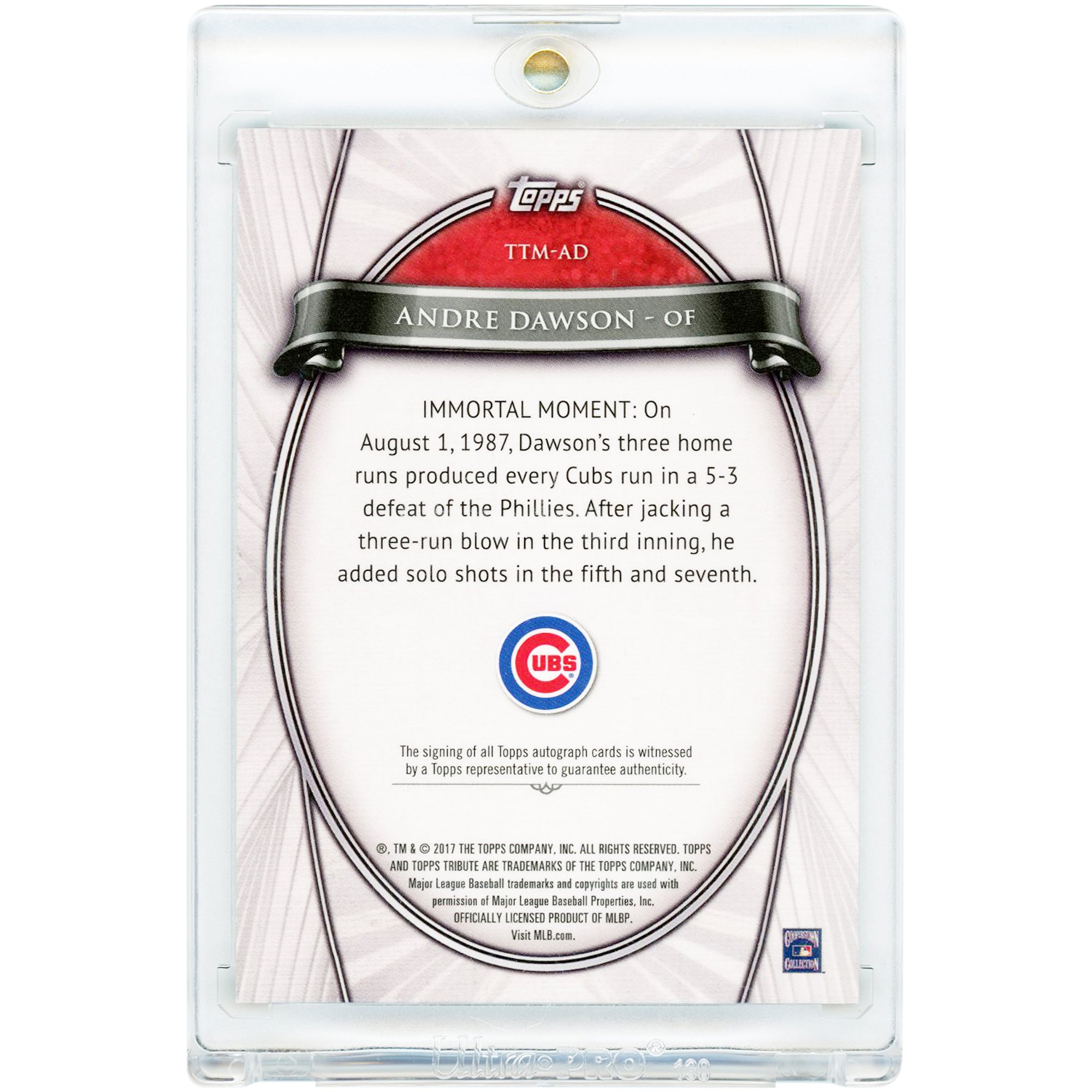Carte autographiée d'Andre Dawson (Chicago Cubs) 2017 Topps Tribute #TTM-AD #8/99