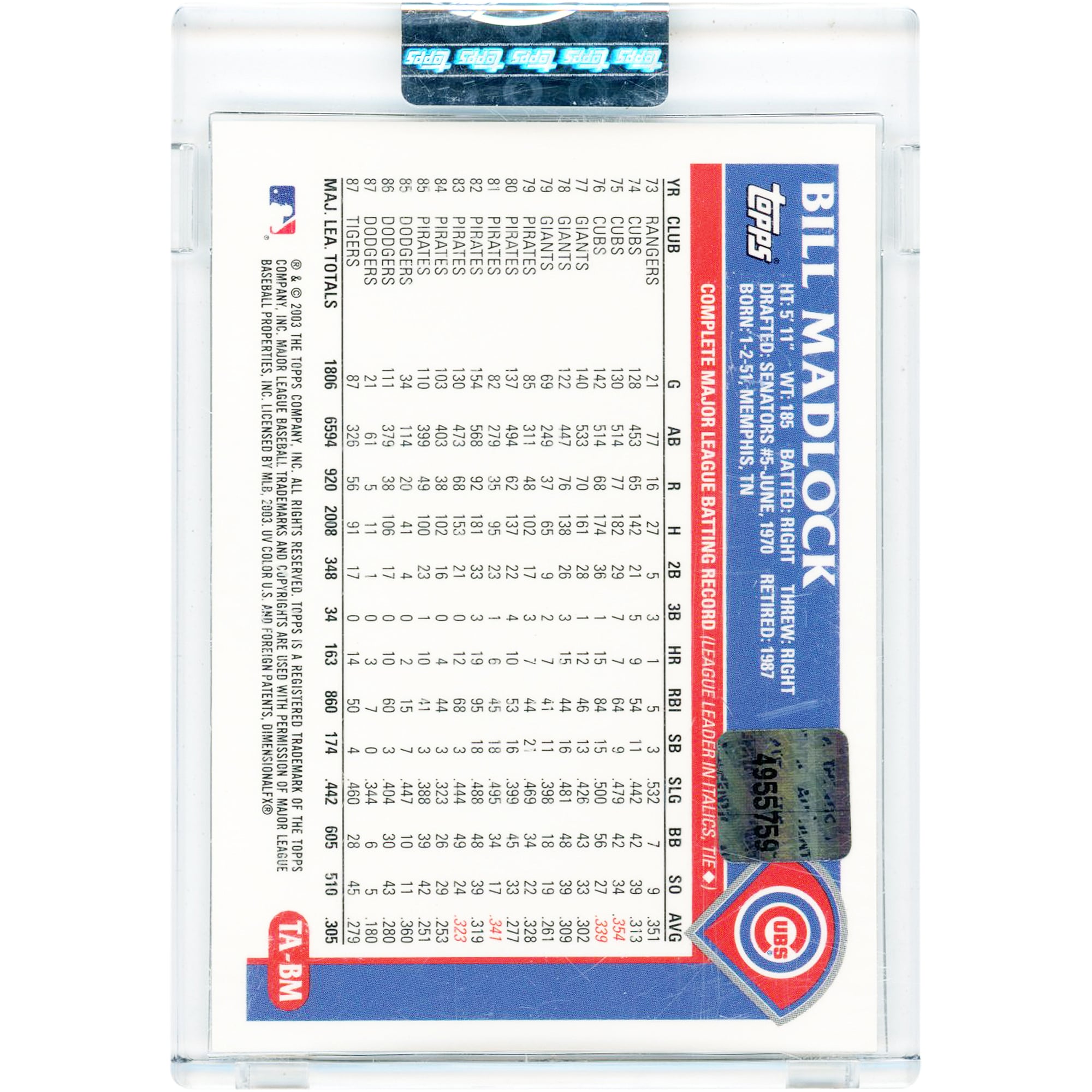 Carte Topps Chrome 2003 #TA-BM autographiée par Bill Madlock, joueur des Cubs de Chicago