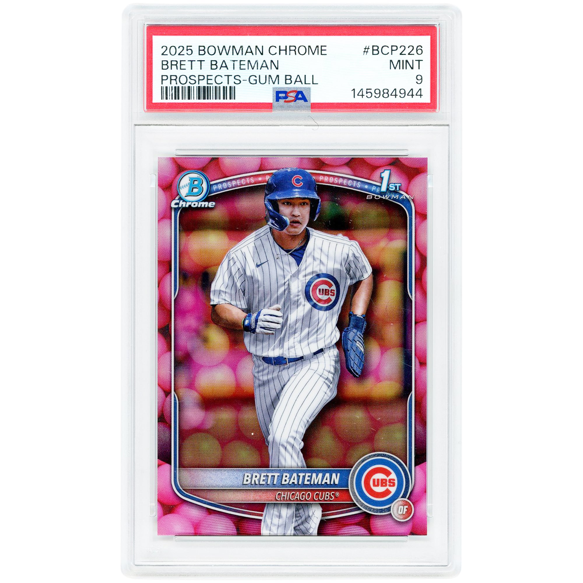 Carte Brett Bateman Chicago Cubs 2025 Bowman Chrome Gum Ball Refractor #BCP-226 authentifiée PSA 9