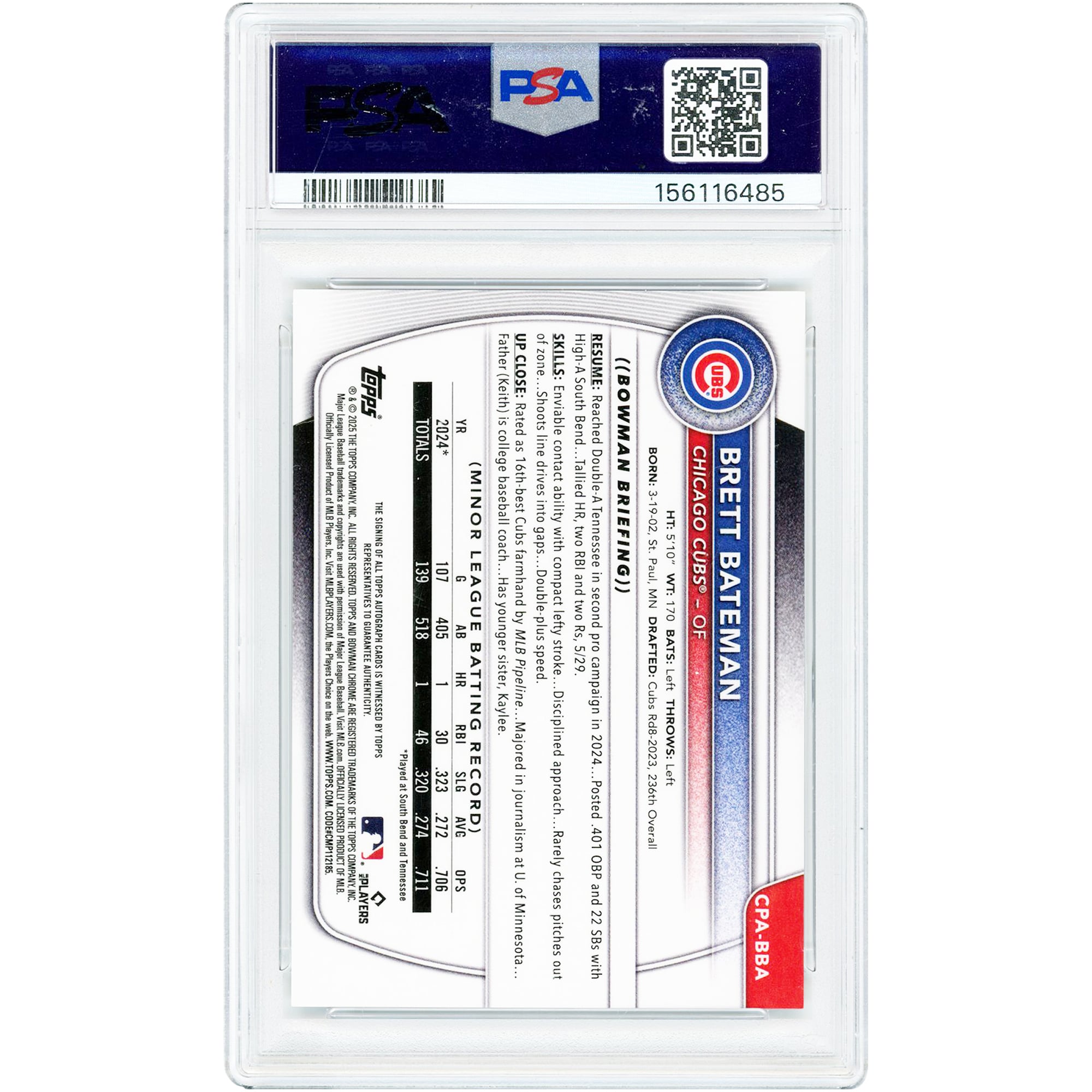 Carte authentifiée PSA 9, signée par Brett Bateman (Chicago Cubs), édition 2025 Bowman Chrome Black Refractor, numéro CPA-BBA, n° 8/10