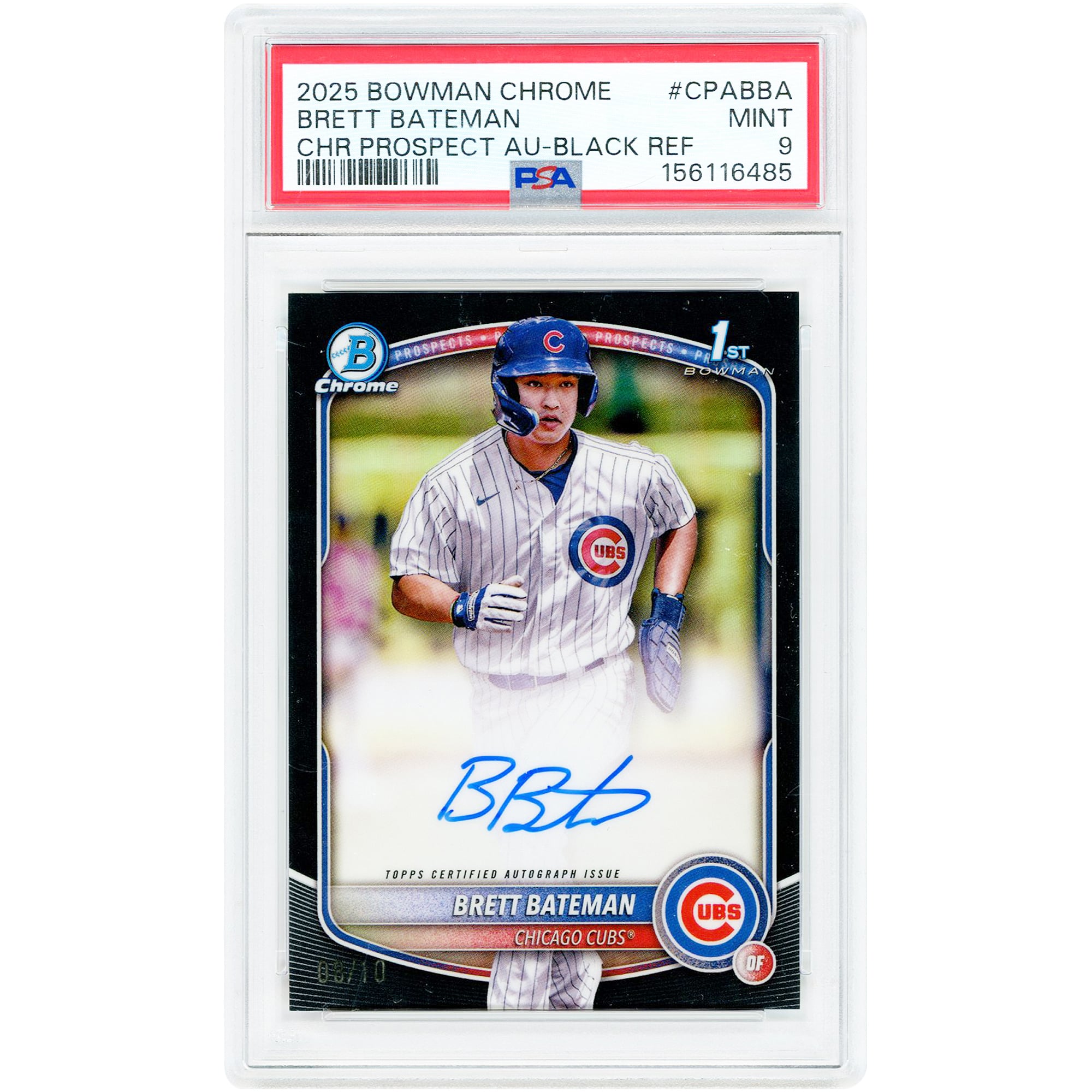 Carte authentifiée PSA 9, signée par Brett Bateman (Chicago Cubs), édition 2025 Bowman Chrome Black Refractor, numéro CPA-BBA, n° 8/10