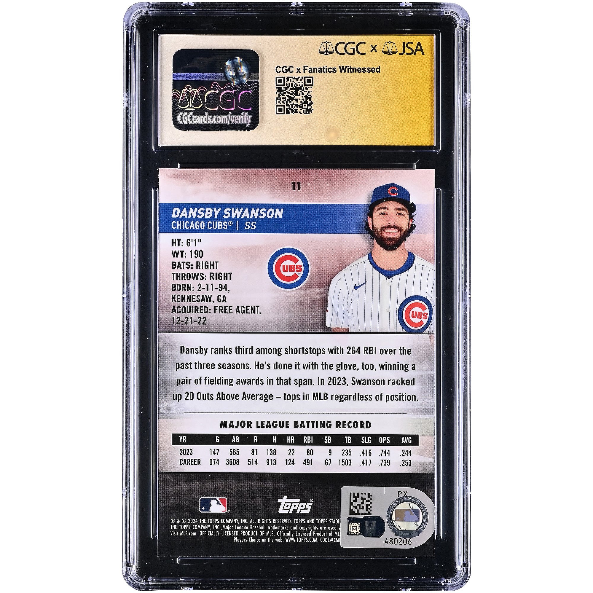 Carte autographiée par Dansby Swanson des Cubs de Chicago, Stadium Club Chrome 2024, numéro 11 , authentifiée par Fanatics Witnessed (CGC 10/10).