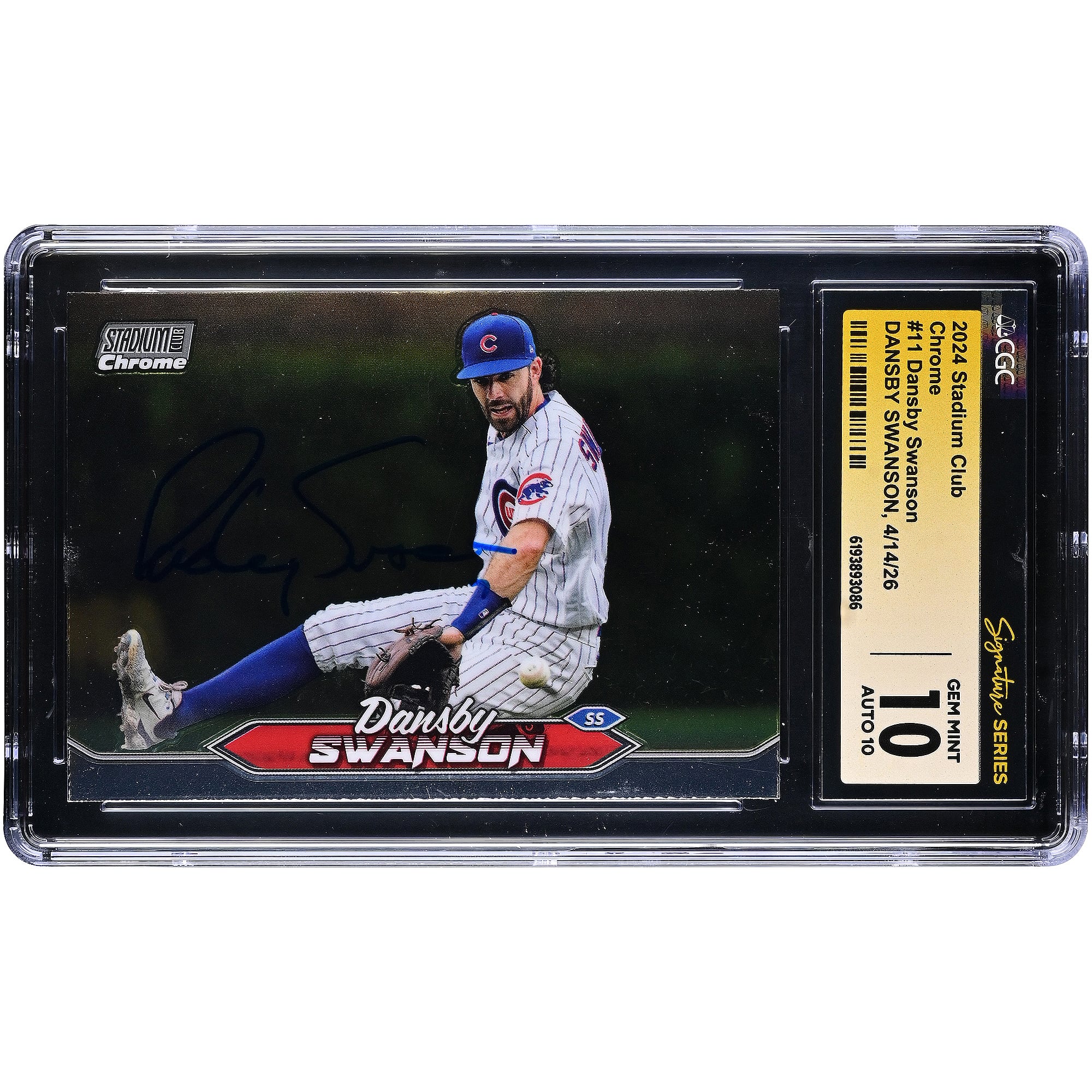 Carte autographiée par Dansby Swanson des Cubs de Chicago, Stadium Club Chrome 2024, numéro 11 , authentifiée par Fanatics Witnessed (CGC 10/10).