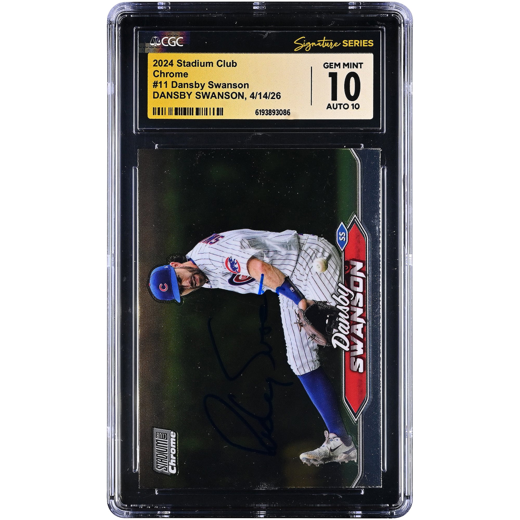 Carte autographiée par Dansby Swanson des Cubs de Chicago, Stadium Club Chrome 2024, numéro 11 , authentifiée par Fanatics Witnessed (CGC 10/10).