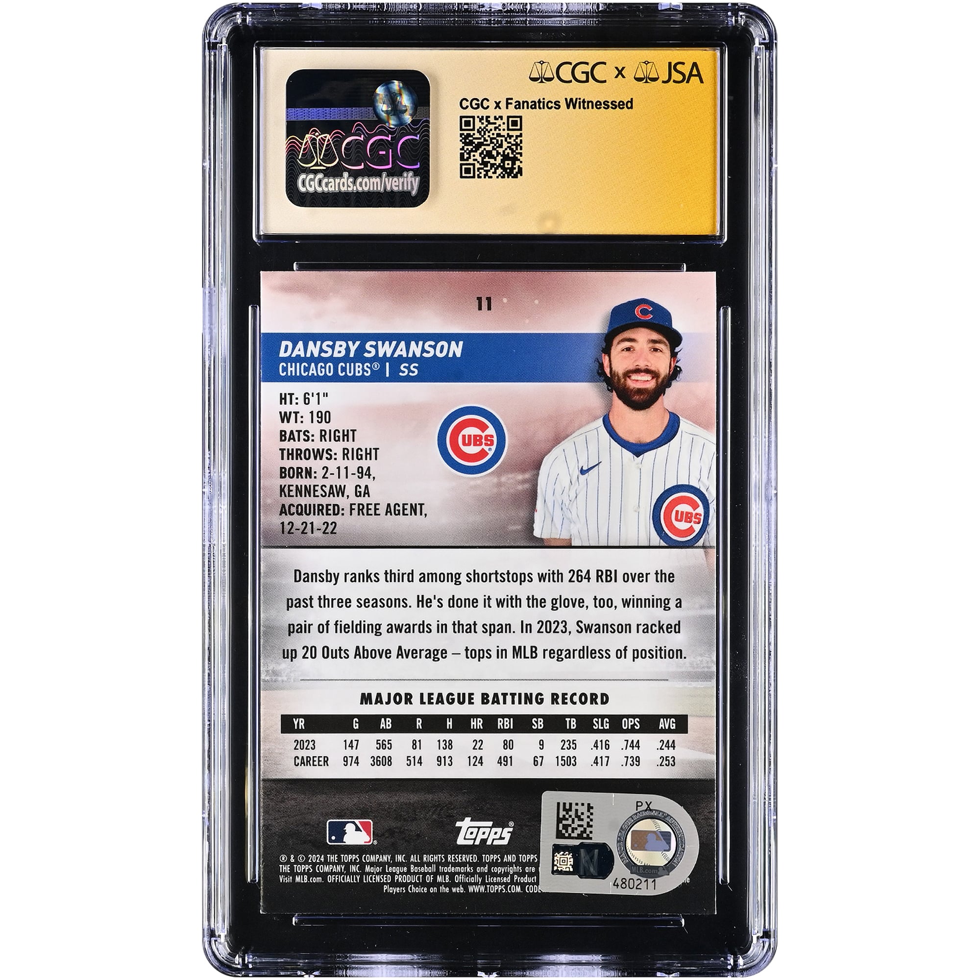 Dansby Swanson Chicago Cubs Autographed 2024 Stadium Club Chrome #11 CGC Fanatics Witnessed Authenticated /10 Card
