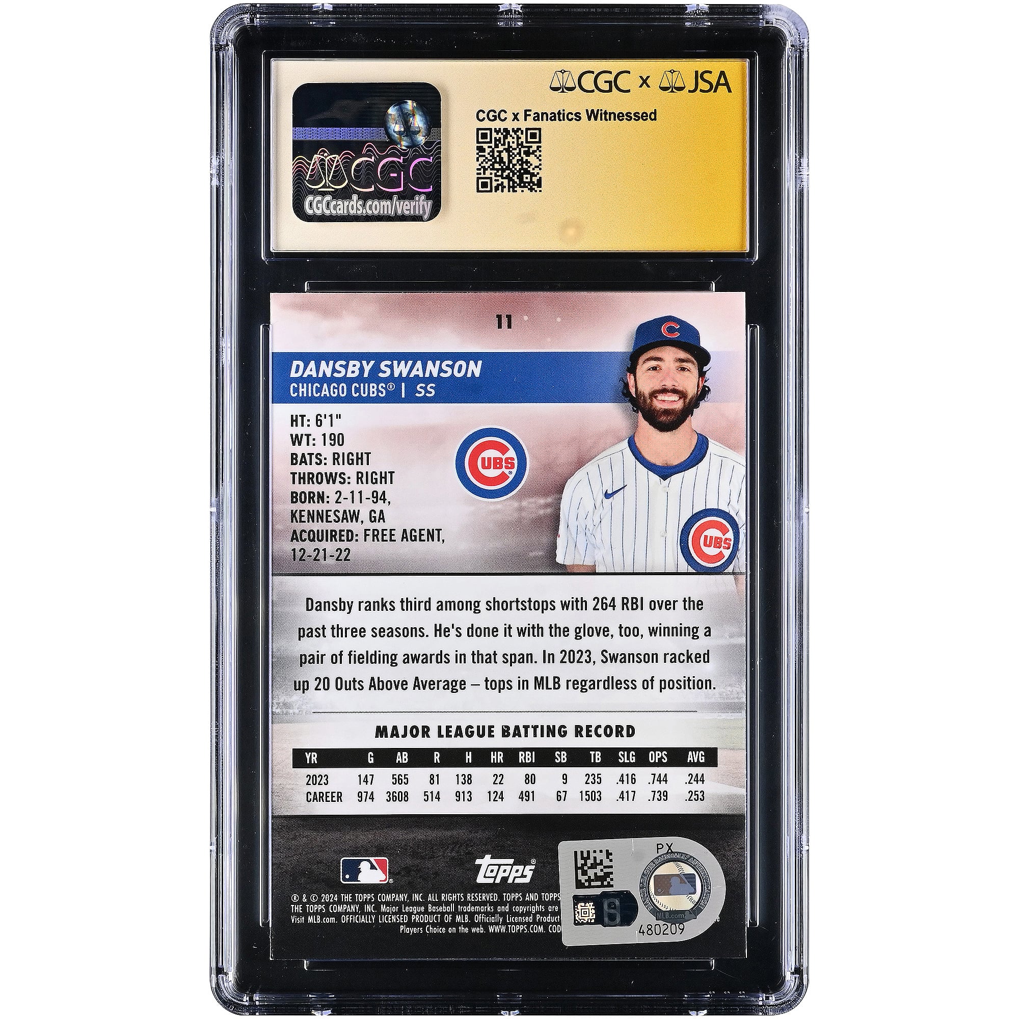 Dansby Swanson Chicago Cubs Autographed 2024 Stadium Club Chrome #11 CGC Fanatics Witnessed Authenticated 9.5/10 Card