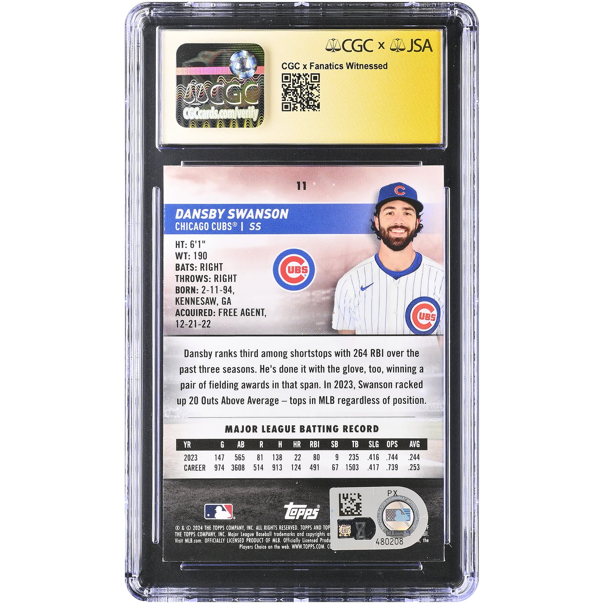 Dansby Swanson Chicago Cubs Autographed 2024 Stadium Club Chrome #11 CGC Fanatics Witnessed Authenticated AUTO 10 Card