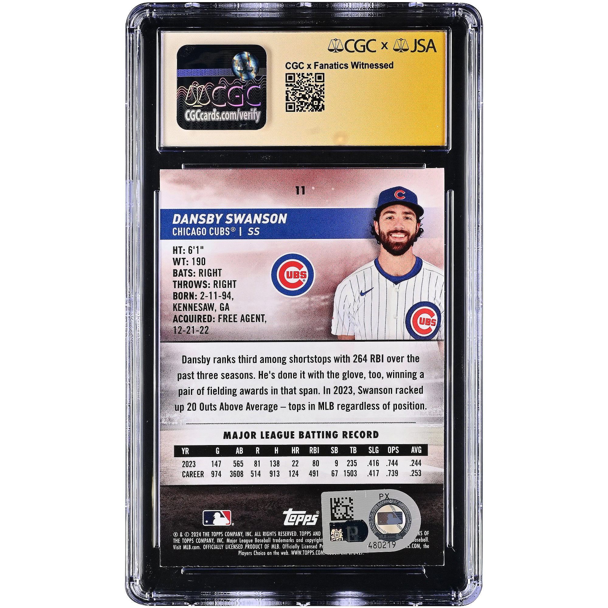 Dansby Swanson Chicago Cubs Autographed 2024 Stadium Club Red Foil #11 CGC Fanatics Witnessed Authenticated / Card