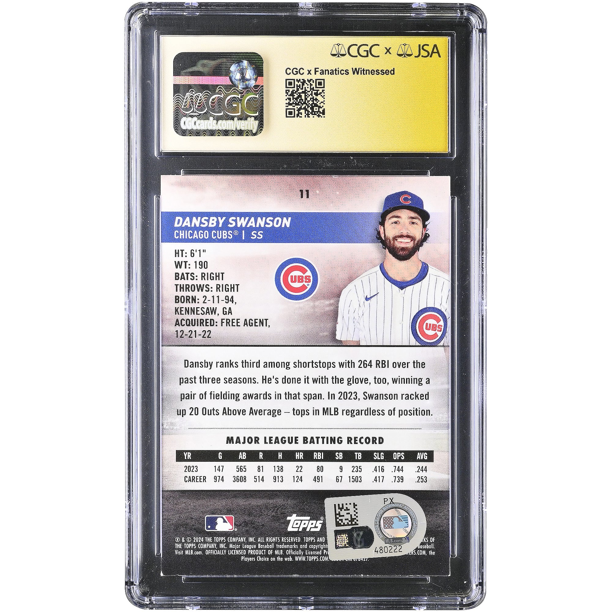 Dansby Swanson Chicago Cubs Autographed 2024 Stadium Club Red Foil #11 CGC Fanatics Witnessed Authenticated AUTO 10 Card