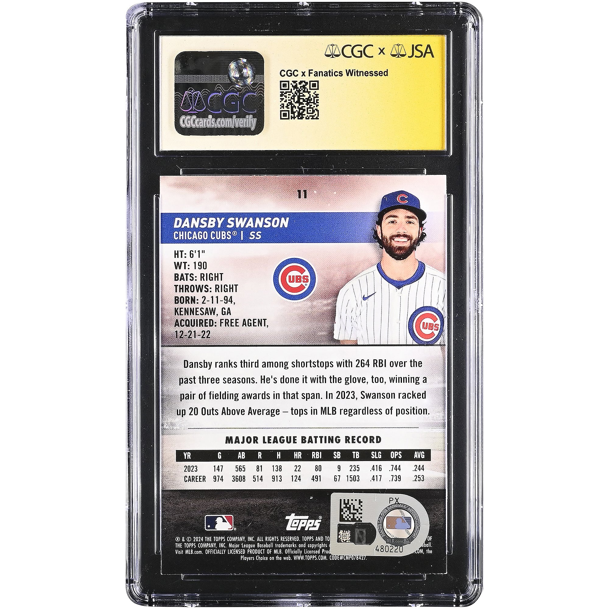 Carte authentifiée par Dansby Swanson, joueur des Cubs de Chicago, édition 2024, Stadium Club, rouge métallisée, numéro 11, certifiée par CGC Fanatics Witnessed.