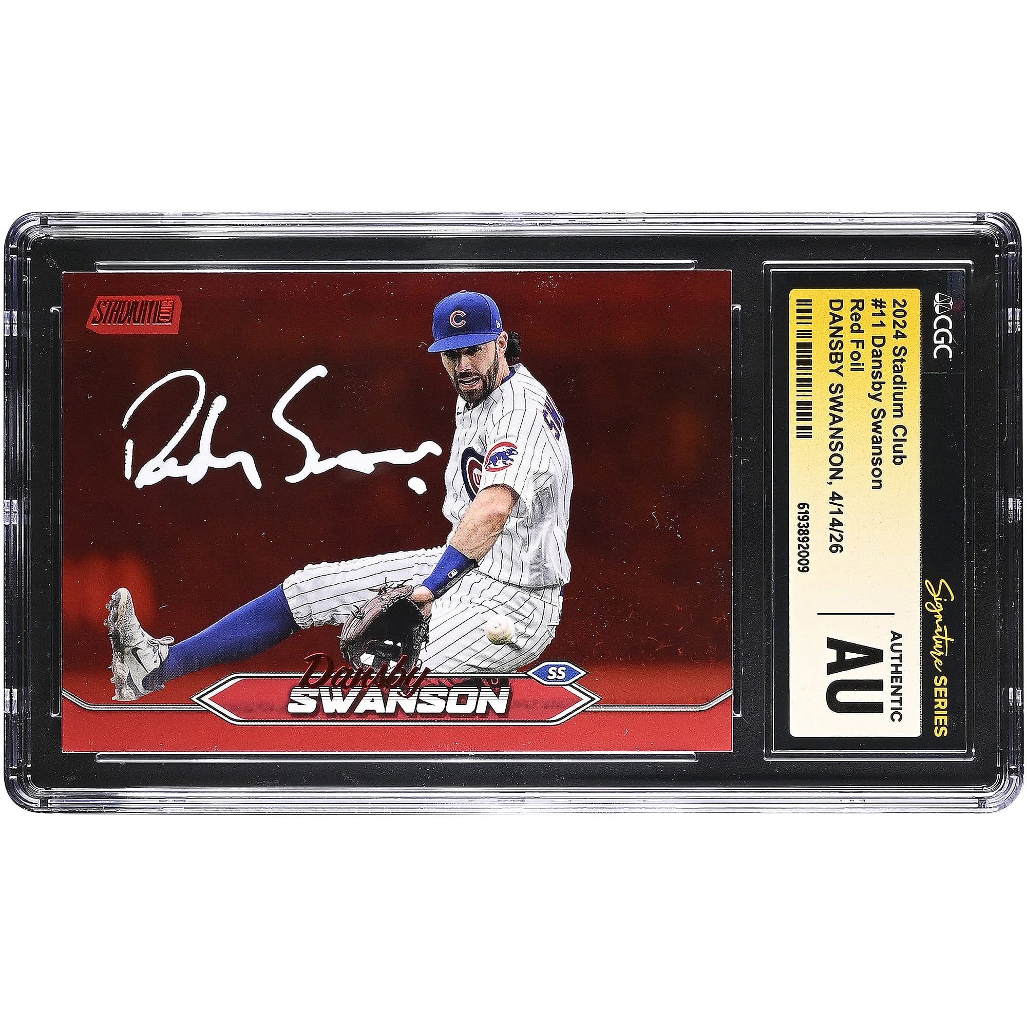 Carte authentifiée par Dansby Swanson, joueur des Cubs de Chicago, édition 2024, Stadium Club, rouge métallisée, numéro 11, certifiée par CGC Fanatics Witnessed.