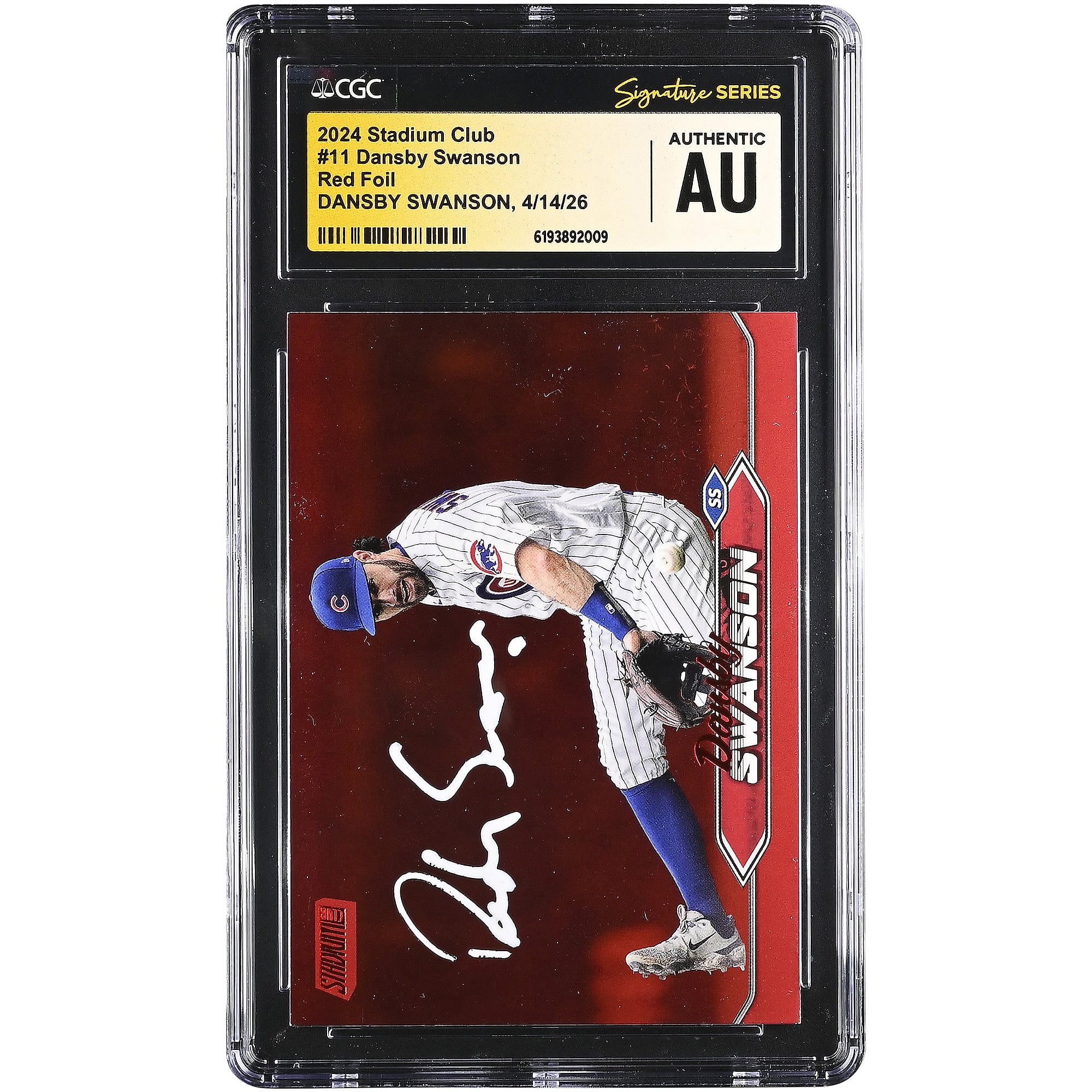 Carte authentifiée par Dansby Swanson, joueur des Cubs de Chicago, édition 2024, Stadium Club, rouge métallisée, numéro 11, certifiée par CGC Fanatics Witnessed.