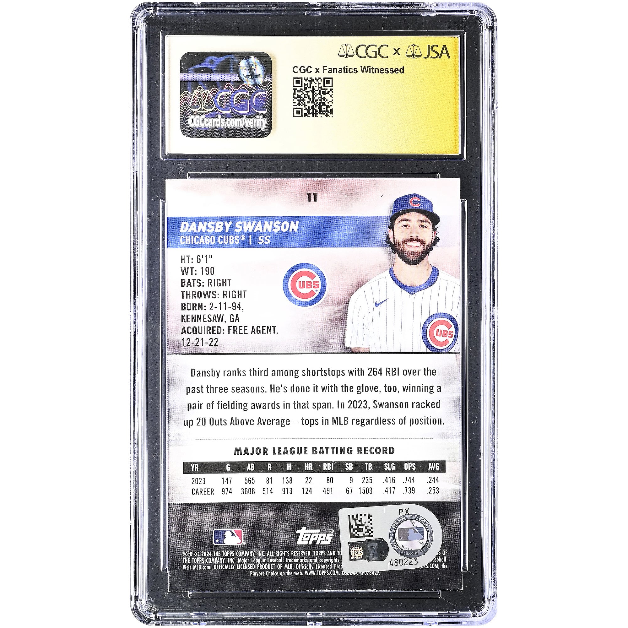 Dansby Swanson Chicago Cubs Autographed 2024 Stadium Club Red Foil #11 CGC Fanatics Witnessed Authenticated MINT 9 Card