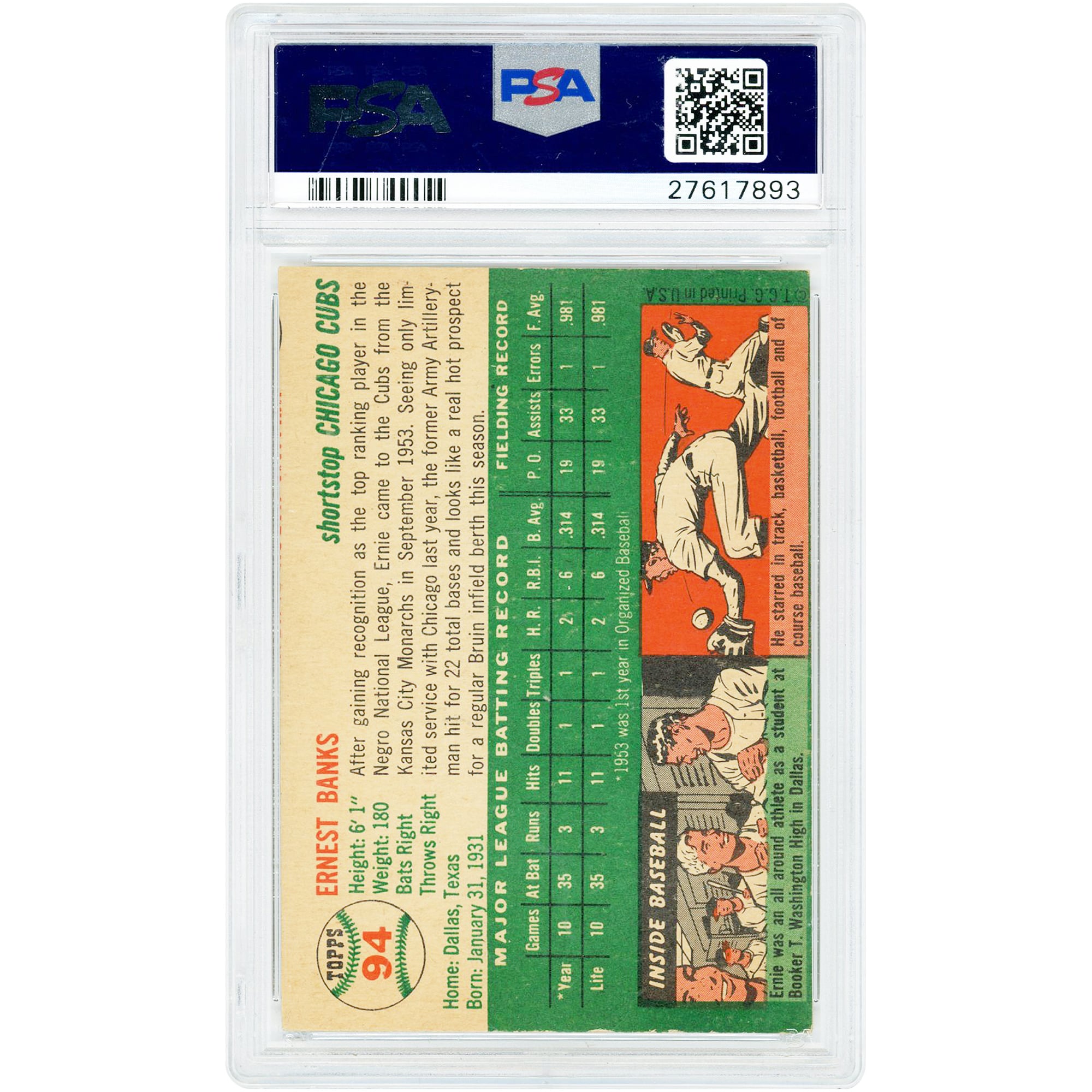 Carte de recrue Ernie Banks Chicago Cubs 1954 Topps n° 94 authentifiée PSA 5