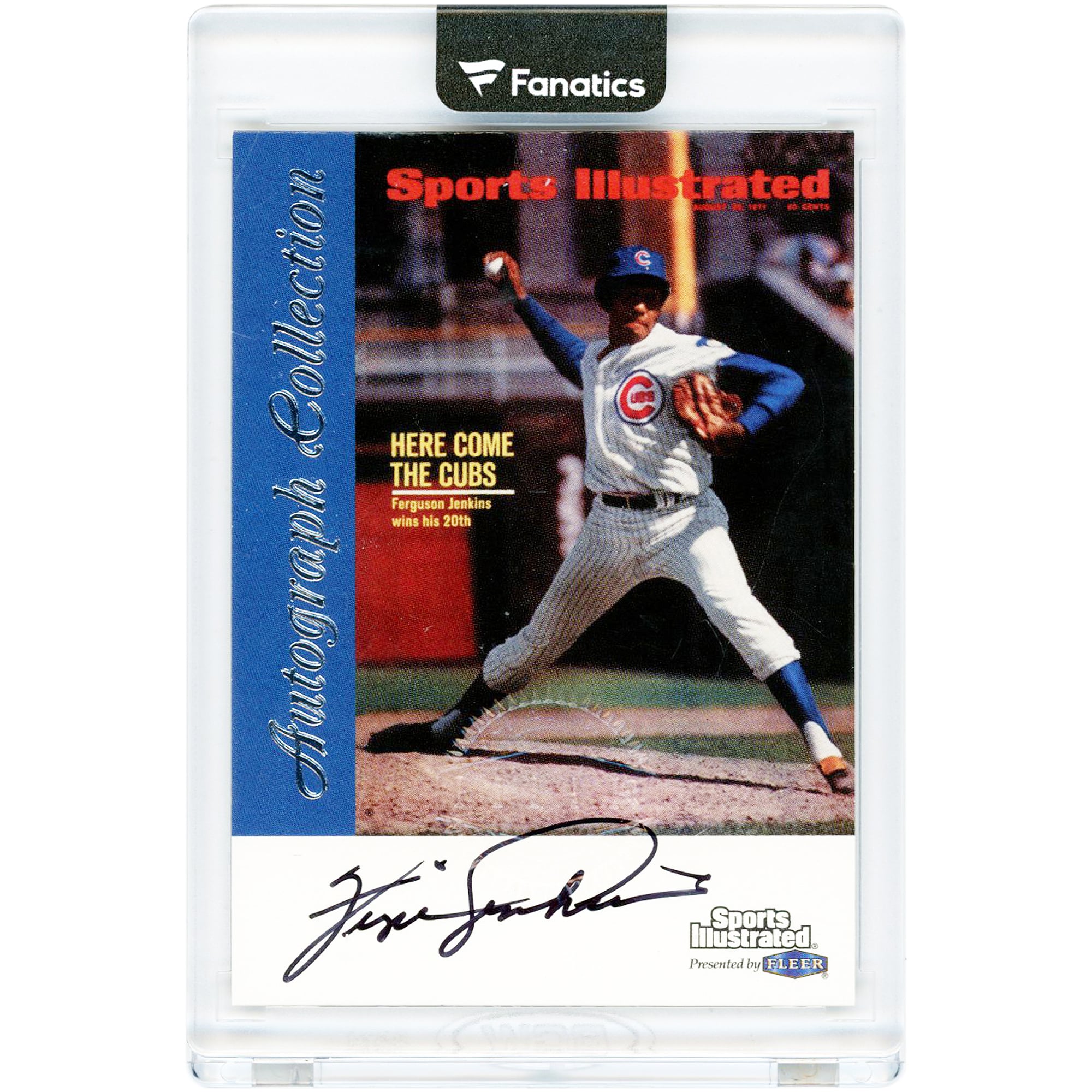 Carte autographiée de Fergie Jenkins (Chicago Cubs) de 1999, éditée par Fleer Sports Illustrated (#FJ).