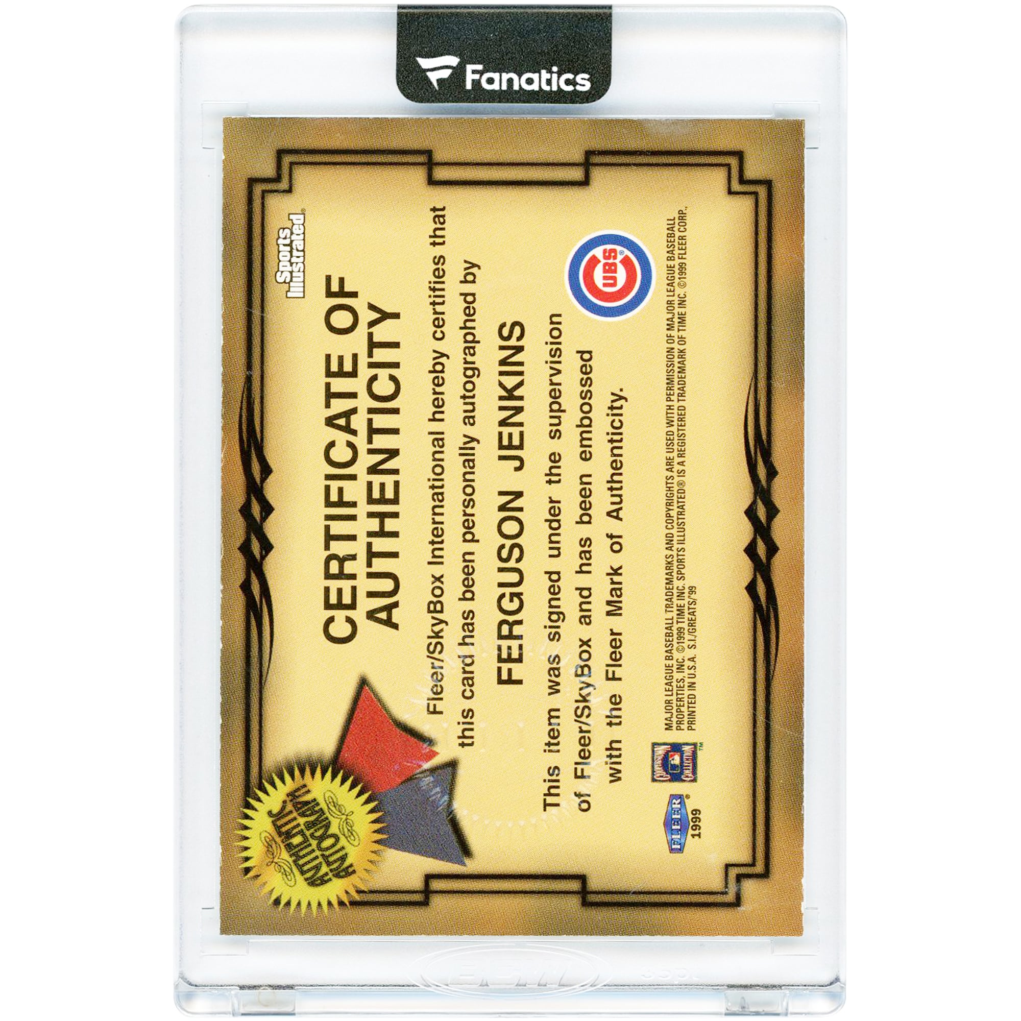 Carte autographiée de Fergie Jenkins (Chicago Cubs) de 1999, éditée par Fleer Sports Illustrated (#FJ).