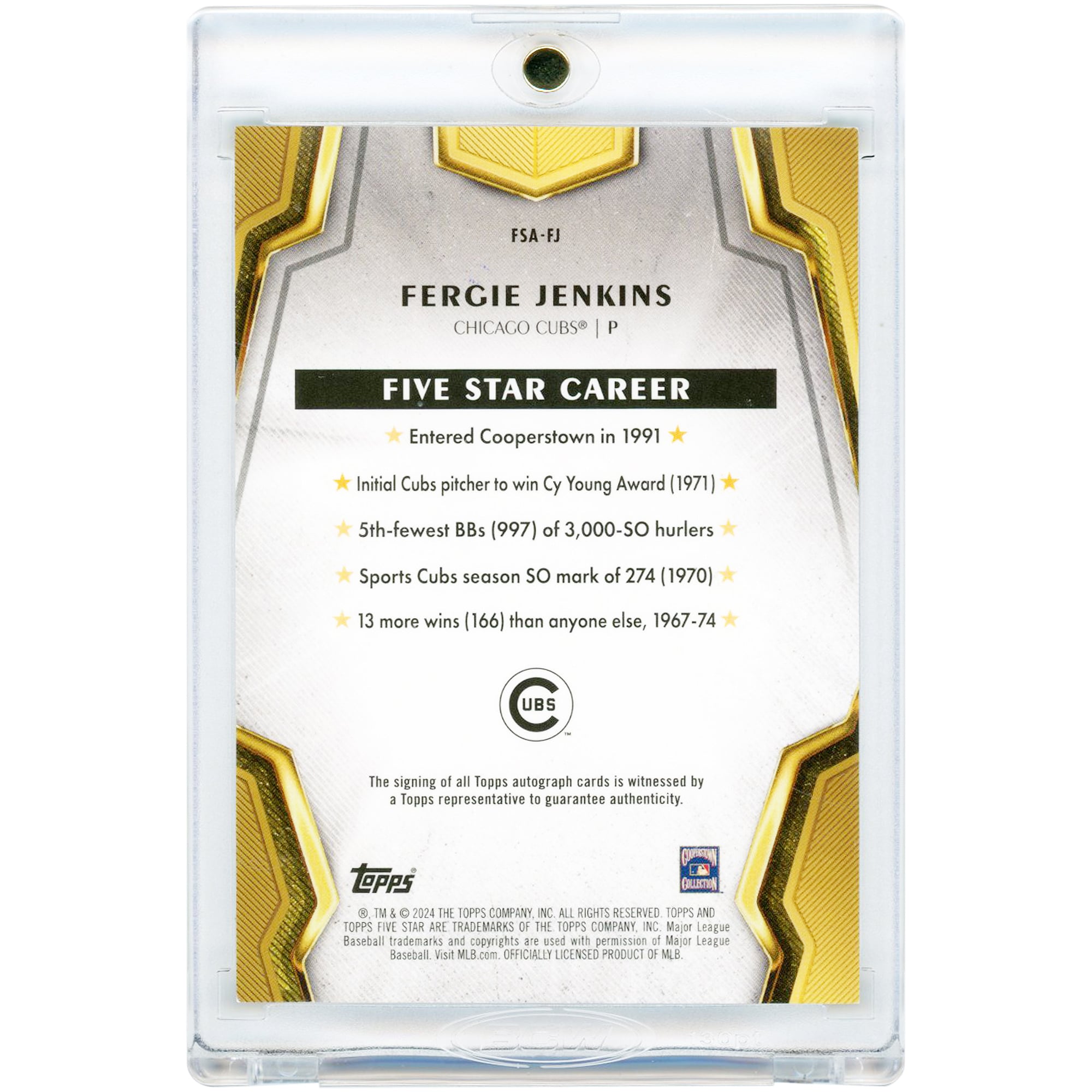 Carte Topps Five Star 2024 autographiée par Fergie Jenkins (Chicago Cubs) #FSA-FJ