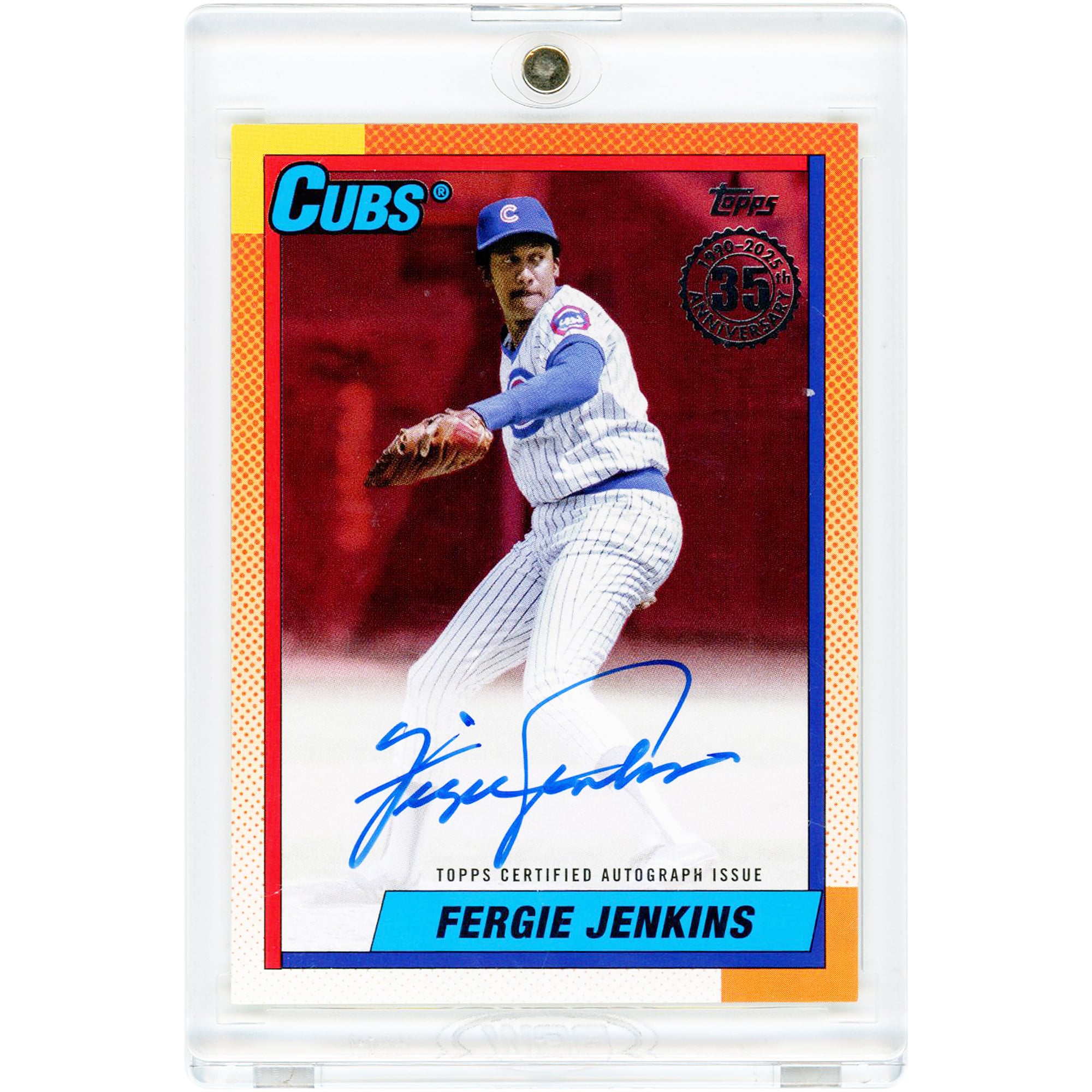 Carte Topps 2025 1990 Topps Design rouge n° 90A-FJ n° 4/5 autographiée par Fergie Jenkins des Cubs de Chicago