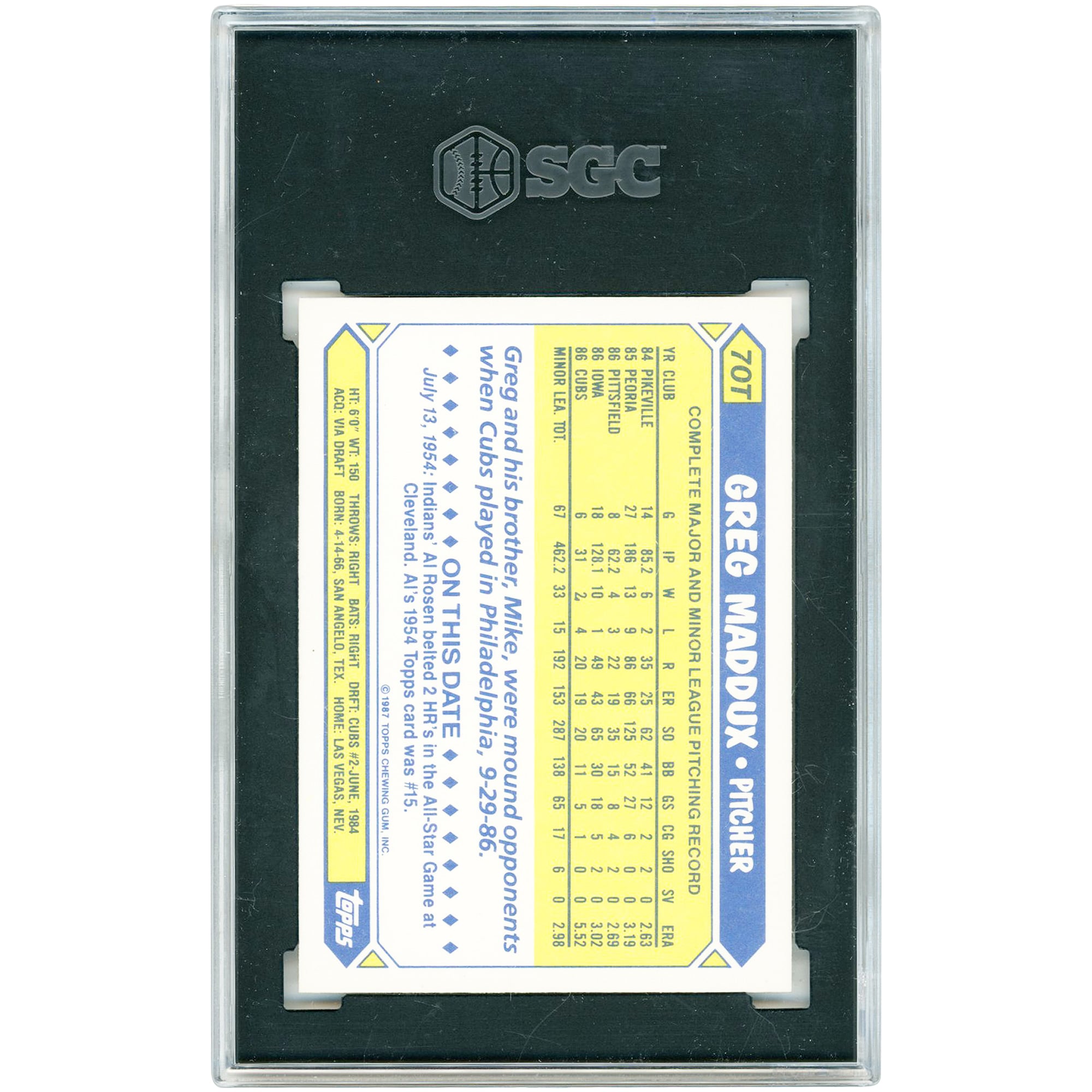 Carte de recrue Greg Maddux Chicago Cubs 1987 Topps Traded Tiffany #70T authentifiée SGC 10