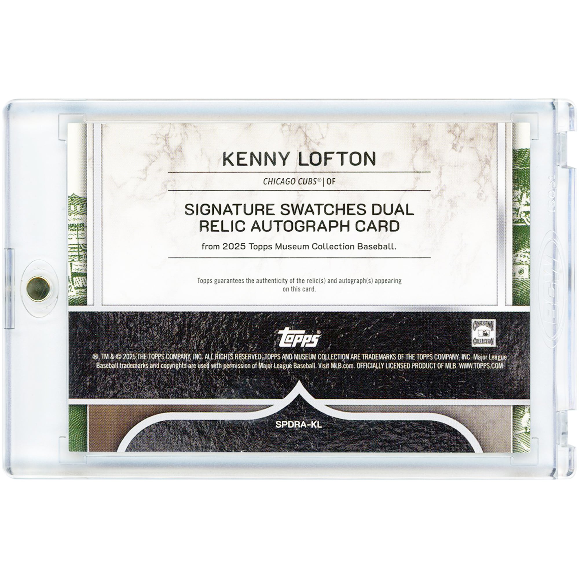 Carte autographiée de Kenny Lofton (Chicago Cubs) de la collection Topps Museum 2025, avec des morceaux de batte utilisés en match et des reliques #SPDRA-KL #18/199