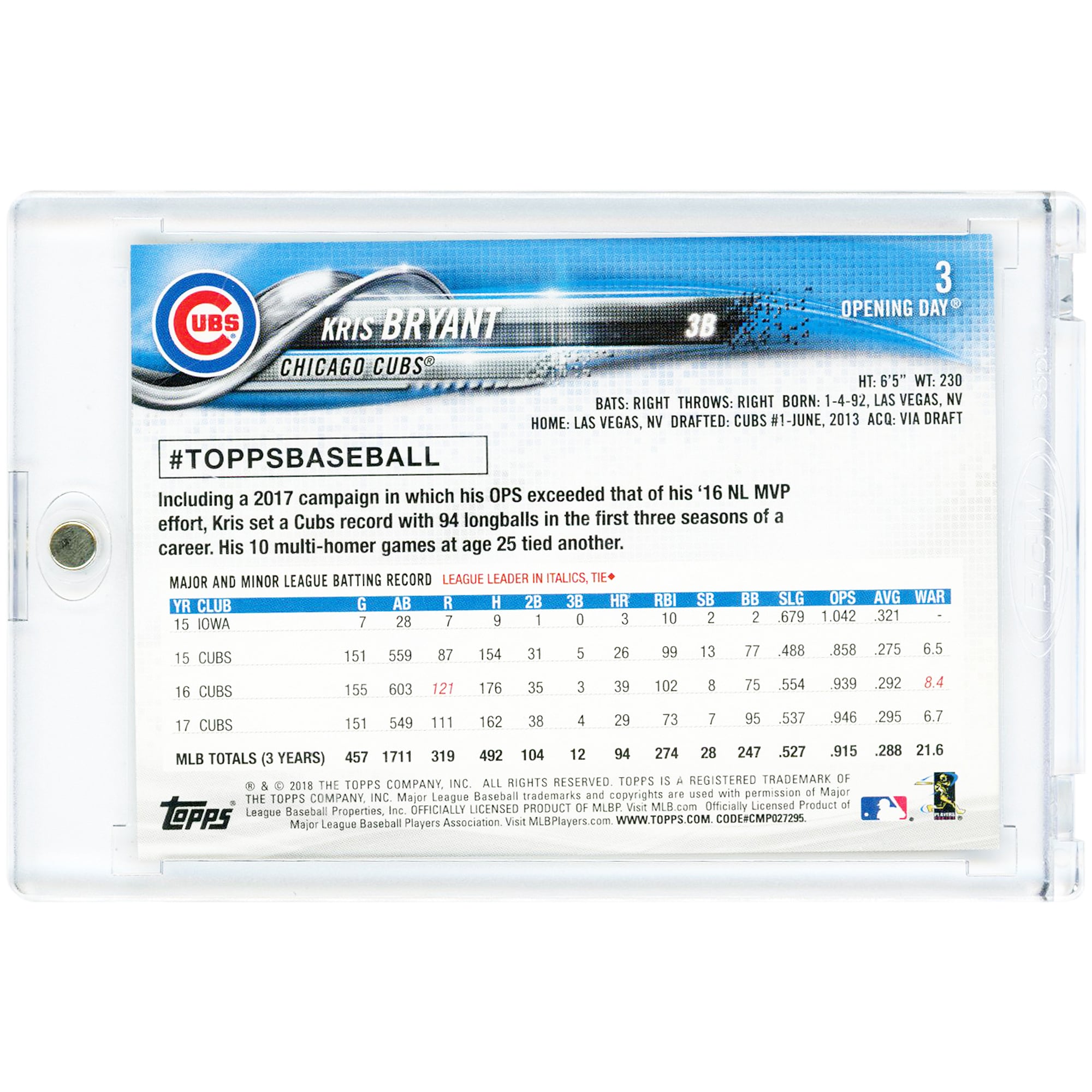 Kris Bryant Chicago Cubs 2018 Topps Opening Day Photo Variation #3 Card