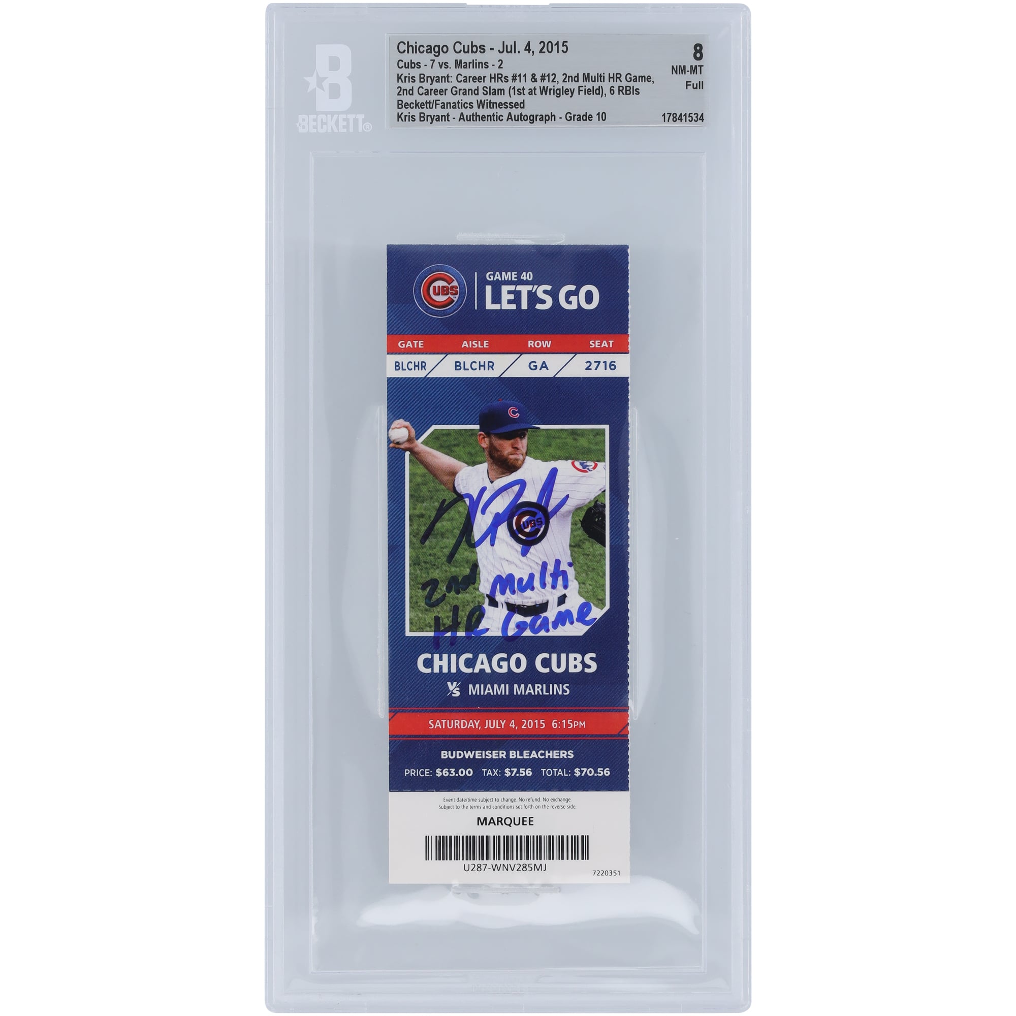 Kris Bryant Chicago Cubs Autographed Career HRs #11 & #12, 2nd Multi HR Game, 2nd Career Grand Slam, 6 RBIs Beckett Fanatics Witnessed Authenticated 8/10 Ticket from July 4, 2015 with "2nd Multi HR Game" Inscription