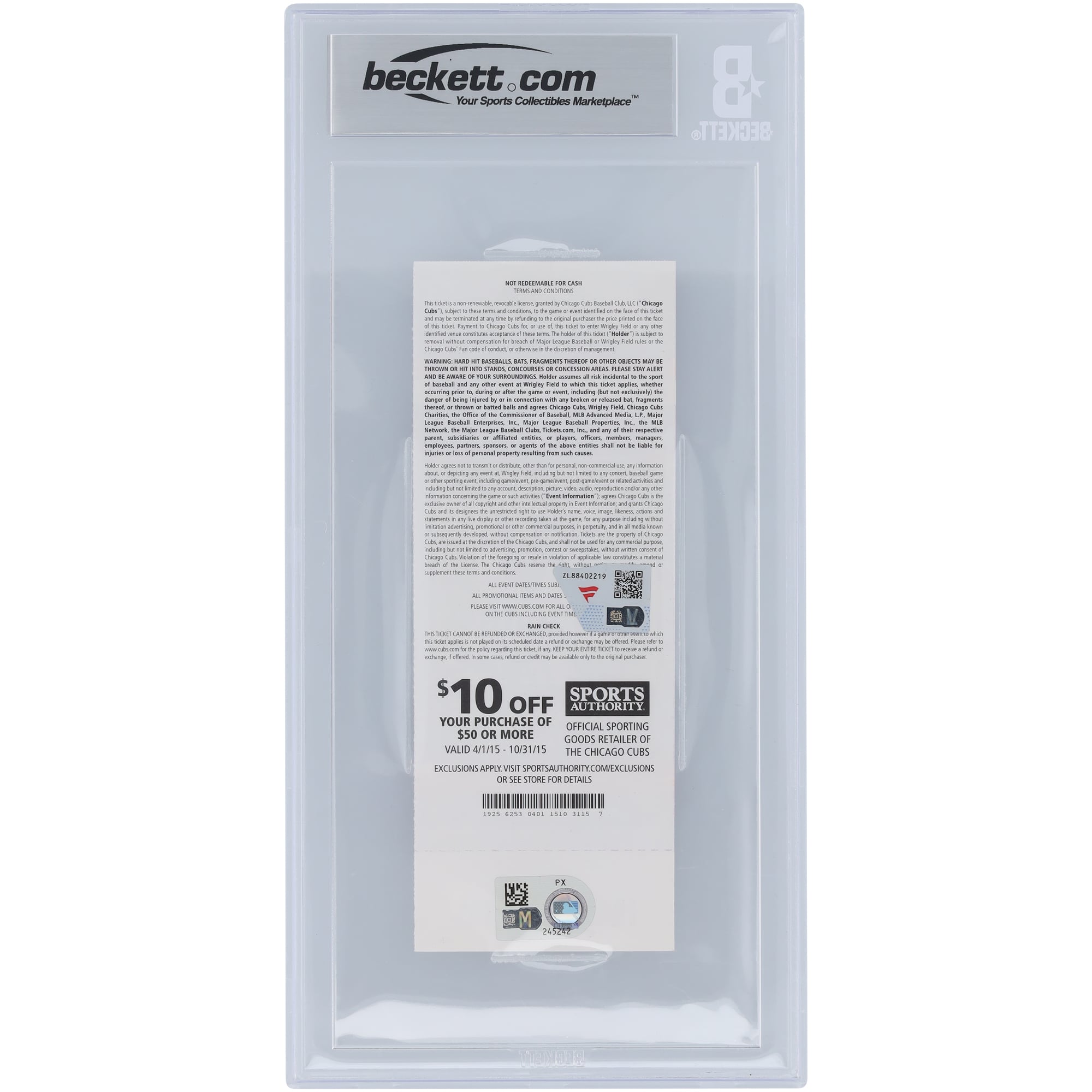 Kris Bryant Chicago Cubs Autographed Career HRs #11 & #12, 2nd Multi HR Game, 2nd Career Grand Slam, 6 RBIs Beckett Fanatics Witnessed Authenticated 8/10 Ticket from July 4, 2015 with "2nd Multi HR Game" Inscription