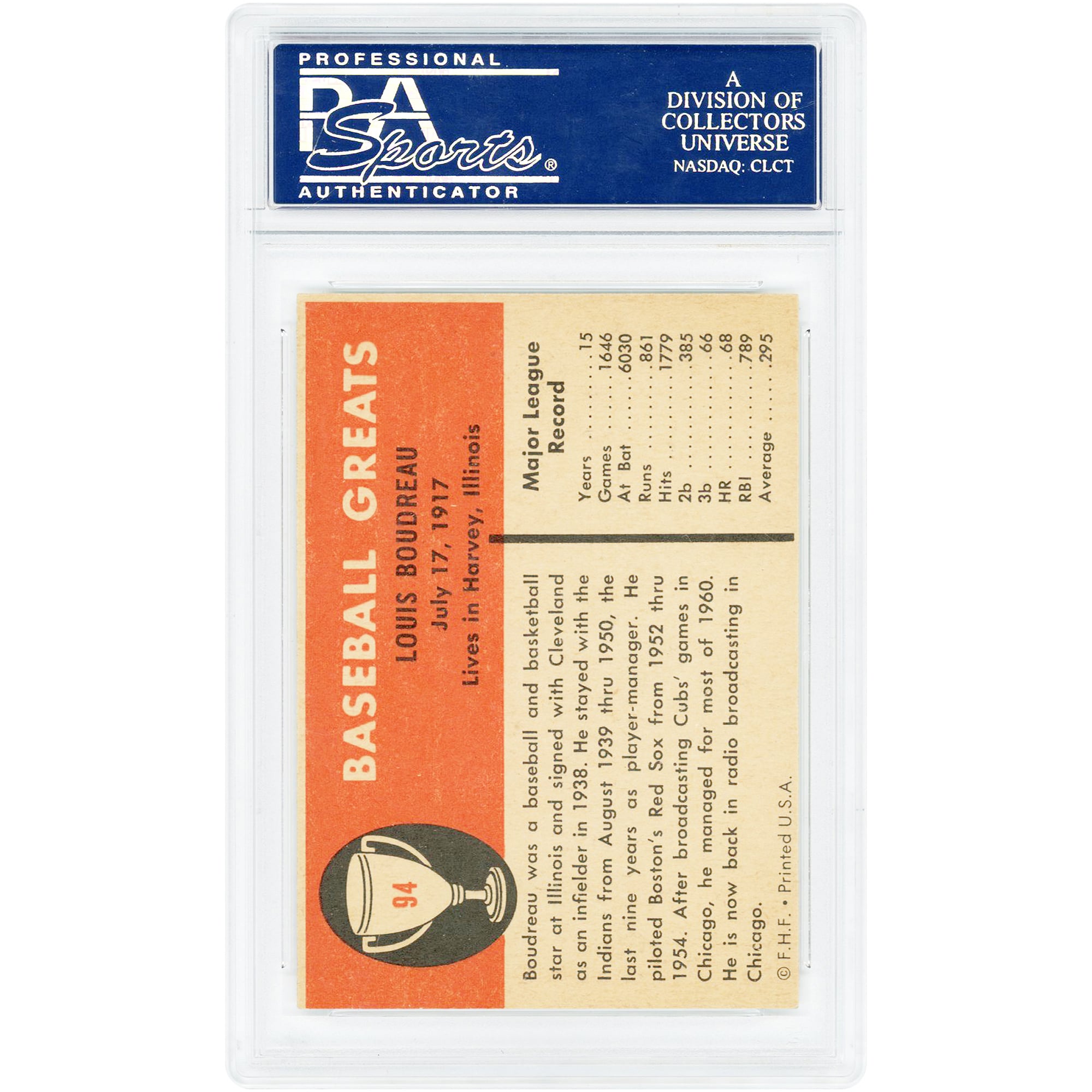 Carte de Lou Boudreau, Chicago Cubs, 1961 Fleer n° 94, authentifiée PSA 8