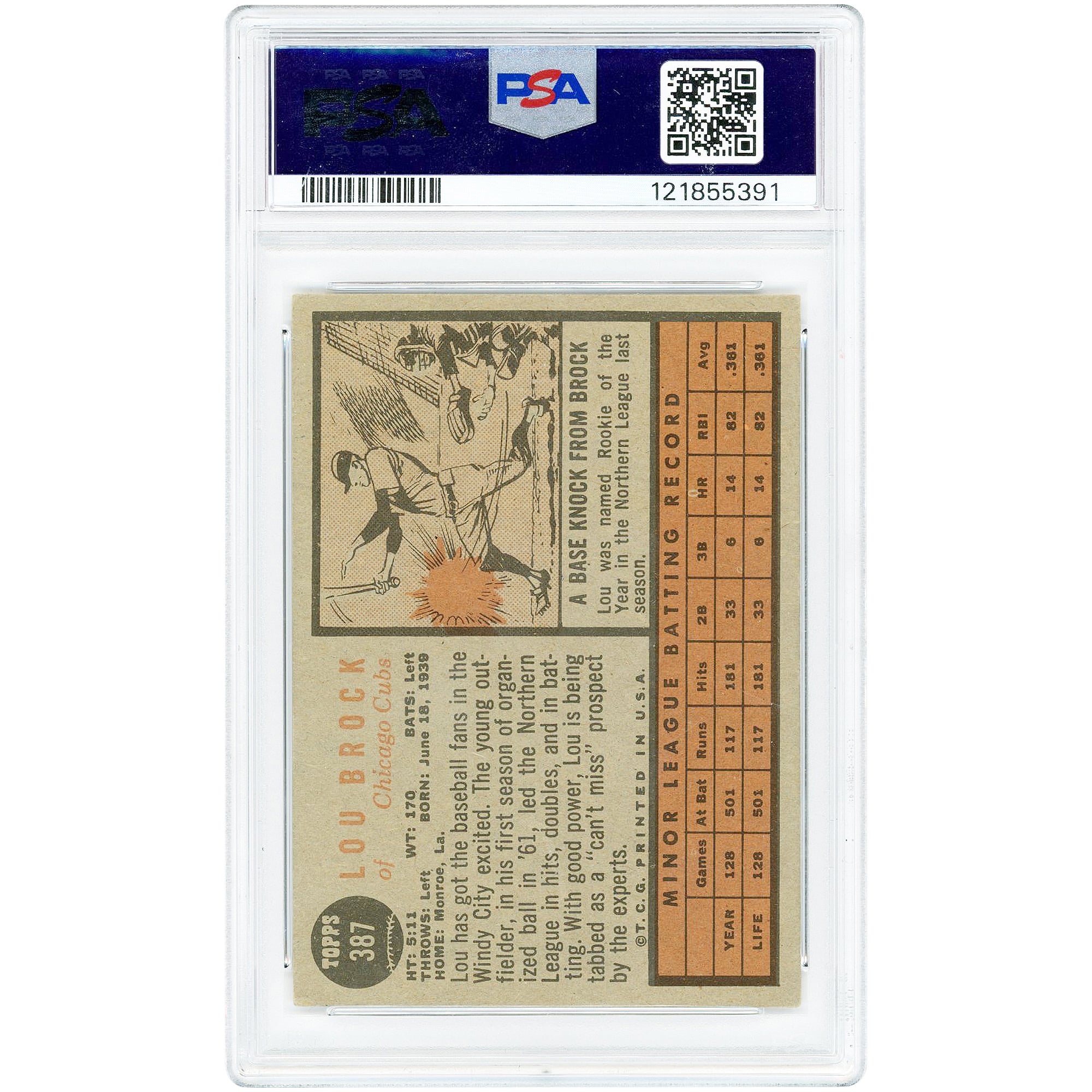 Carte de recrue Lou Brock, Chicago Cubs, 1962 Topps n° 387, authentifiée PSA 3