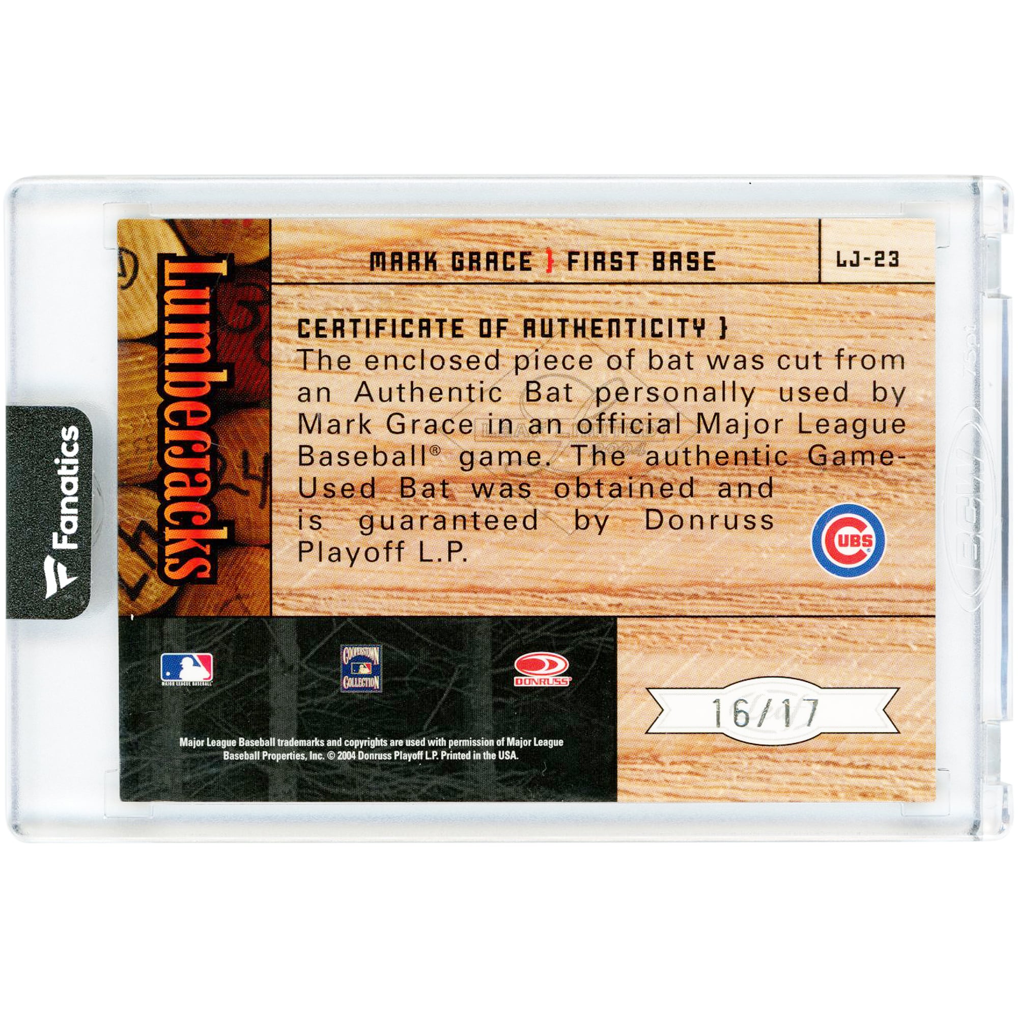 Carte autographiée par Mark Grace des Cubs de Chicago, collection Donruss Leaf Limited 2004, relique de batte utilisée en match des Lumberjacks, n° LJ-23, n° 16/17