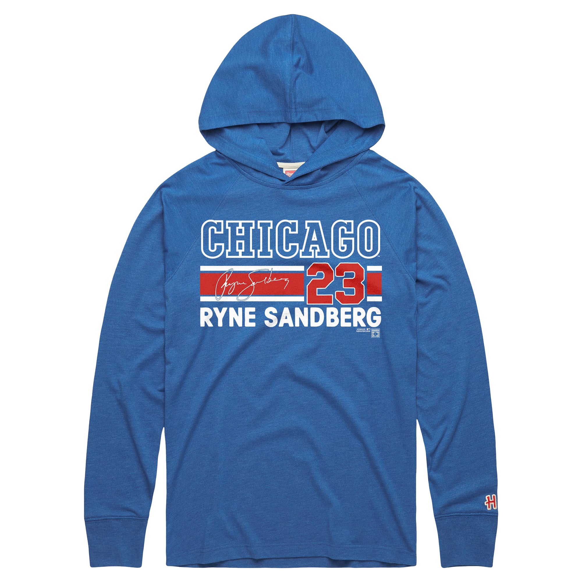 T-shirt à capuche manches longues en mélange de trois matières, hommage Ryne Sandberg, collection Royal Chicago Cubs Cooperstown, avec nom et numéro.